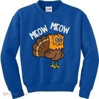 Turkey Paper Bag Meow Funny Thanksgiving Cat Kids Sweatshirt thumb 0