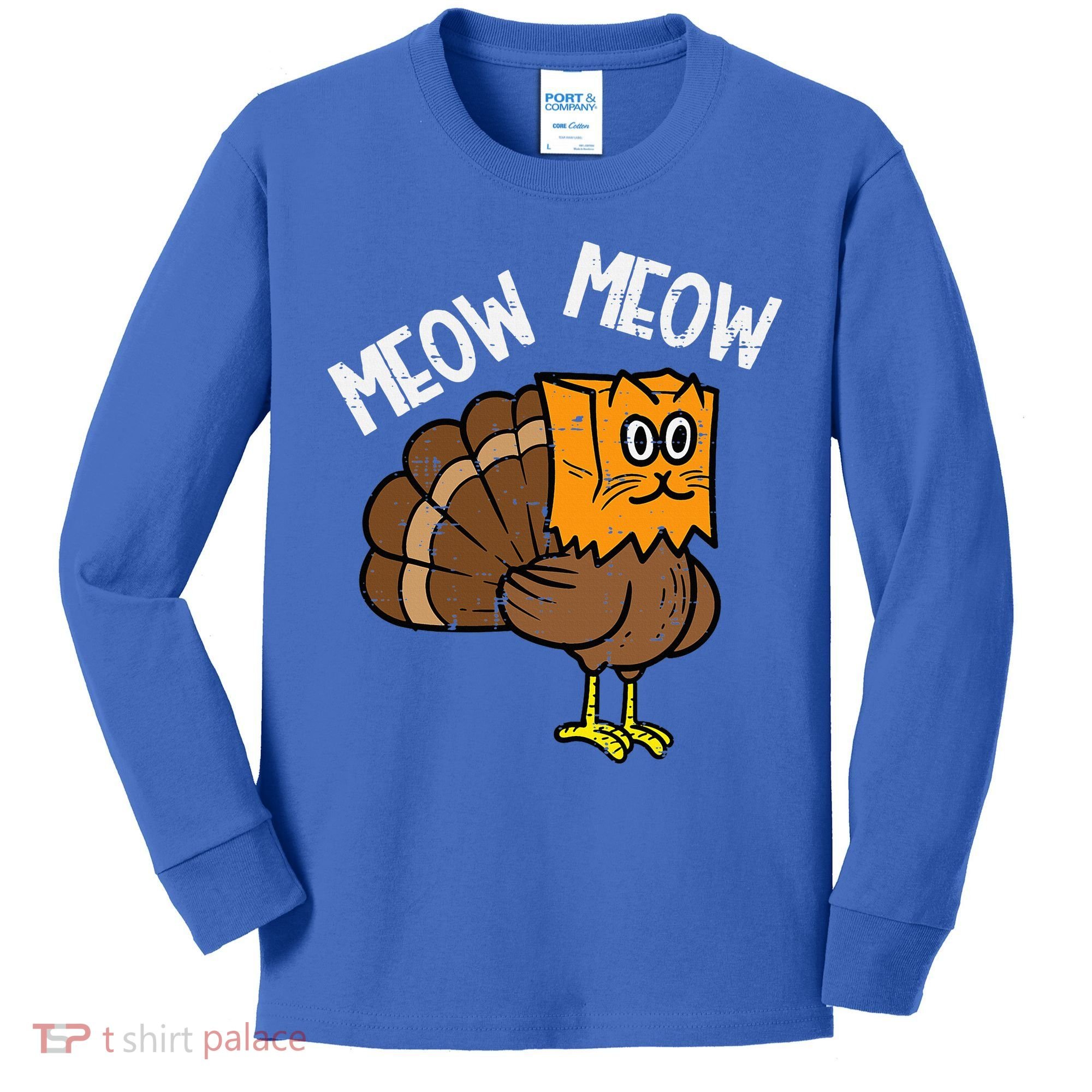 Turkey Paper Bag Meow Funny Thanksgiving Cat Kids Long Sleeve Shirt