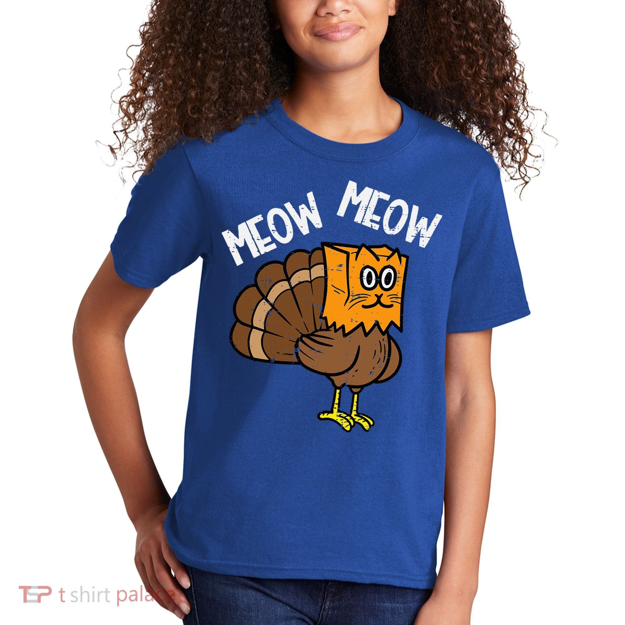 Turkey Paper Bag Meow Funny Thanksgiving Cat Kids T-Shirt