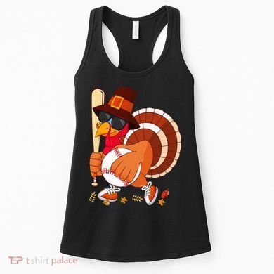 Turkey Playing Baseball Thanksgiving Turkey Baseball Player Women's Tank Top