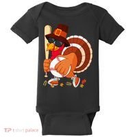 Turkey Playing Baseball Thanksgiving Turkey Baseball Player Baby Bodysuit thumb 0