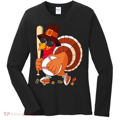 Turkey Playing Baseball Thanksgiving Turkey Baseball Player Women's Long Sleeve Shirt