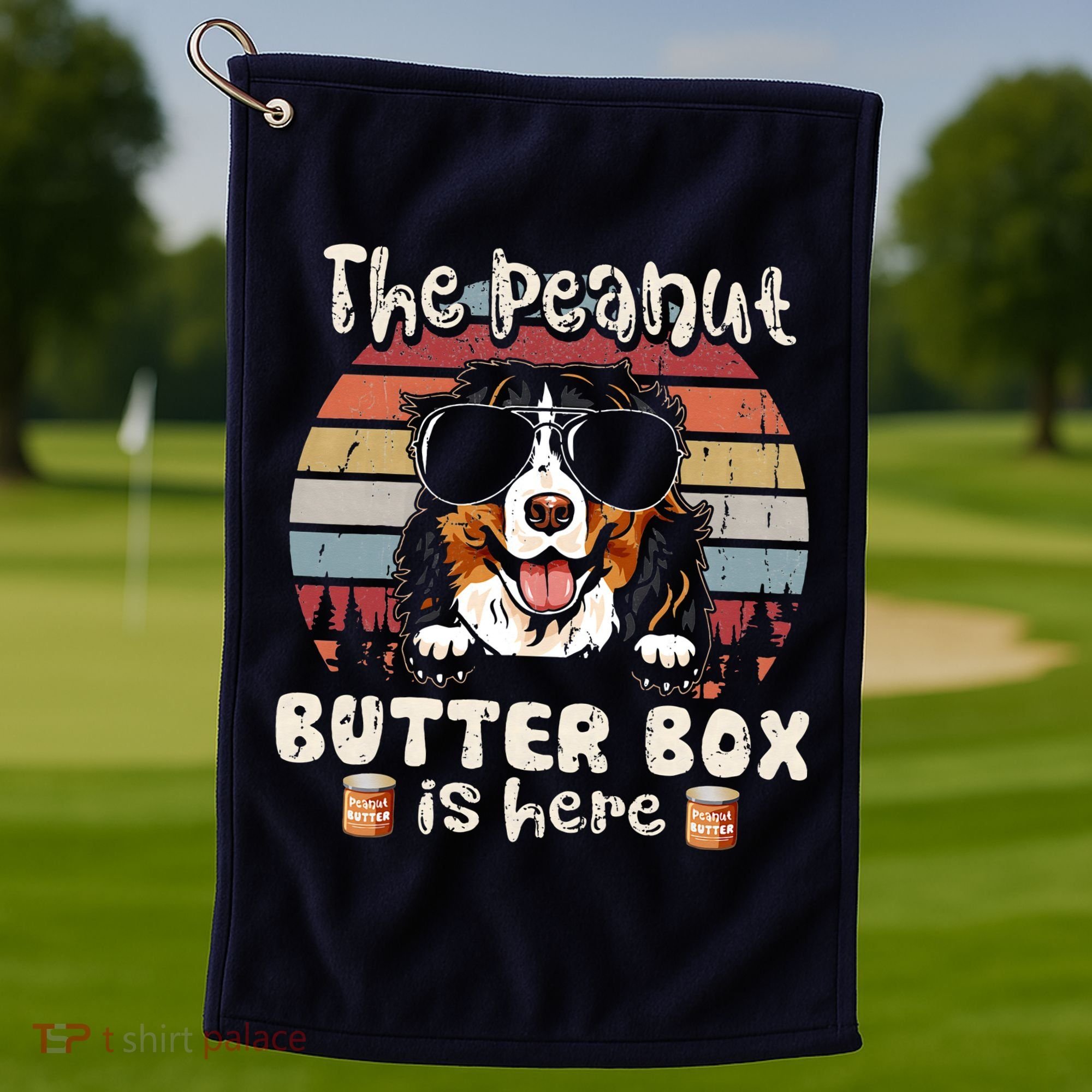 The Peanut Butter Box Is Here Funny Bernese Mountain Dog Golf Towel