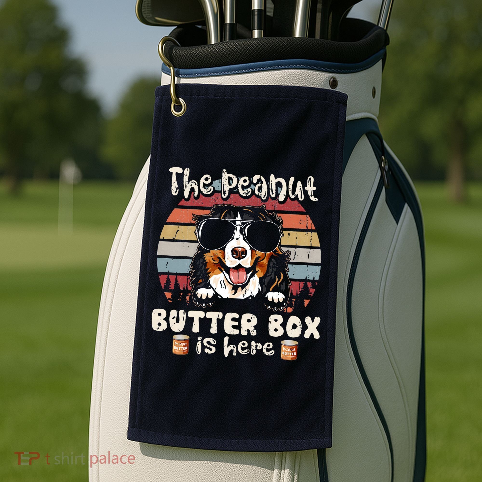 The Peanut Butter Box Is Here Funny Bernese Mountain Dog Golf Towel