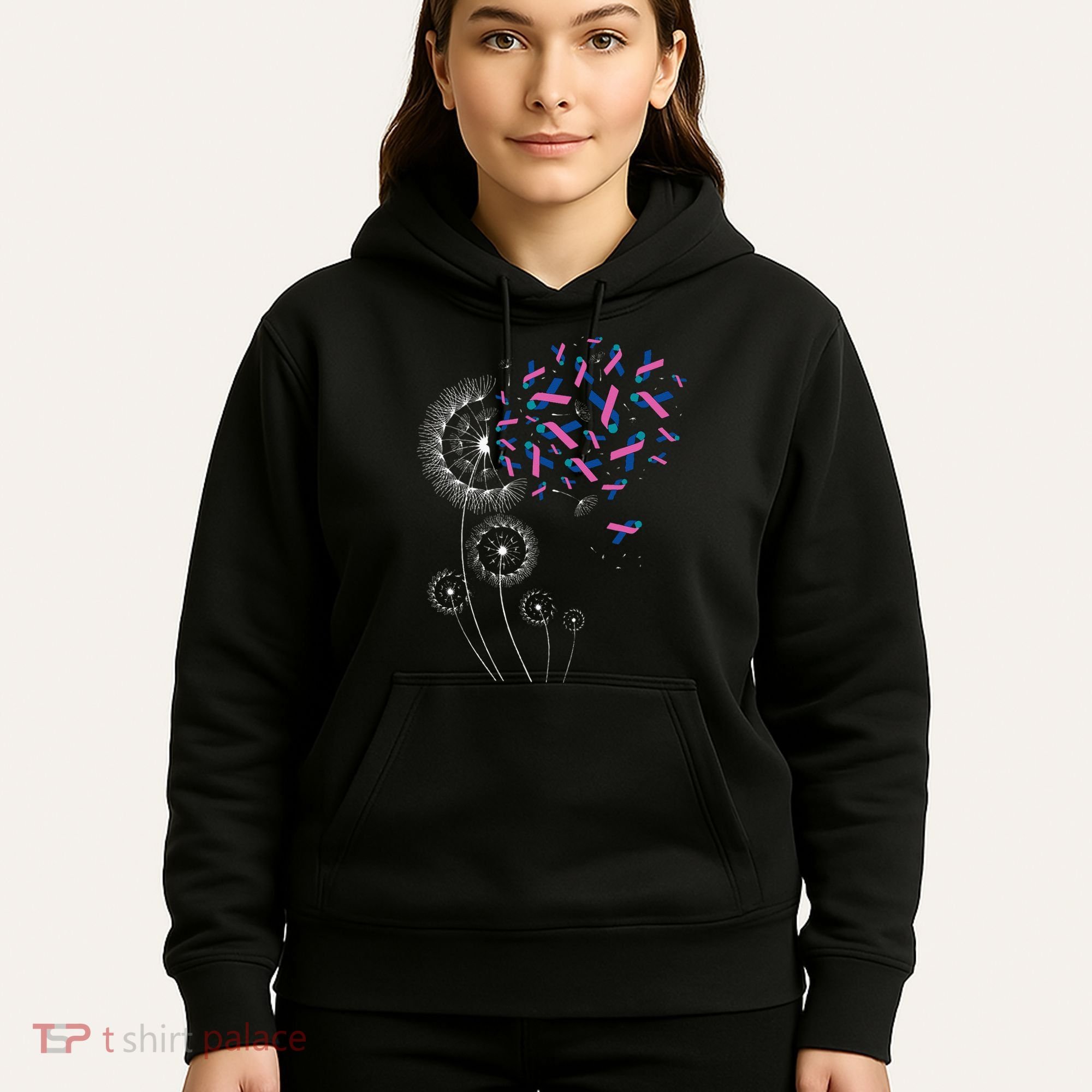 Teal Pink Blue Ribbon & Dandelion Thyroid Cancer Awareness Hoodie