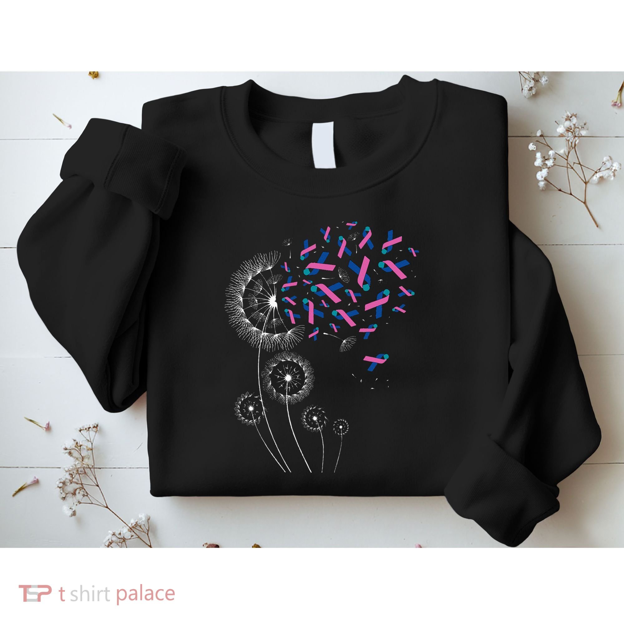 Teal Pink Blue Ribbon & Dandelion Thyroid Cancer Awareness Sweatshirt