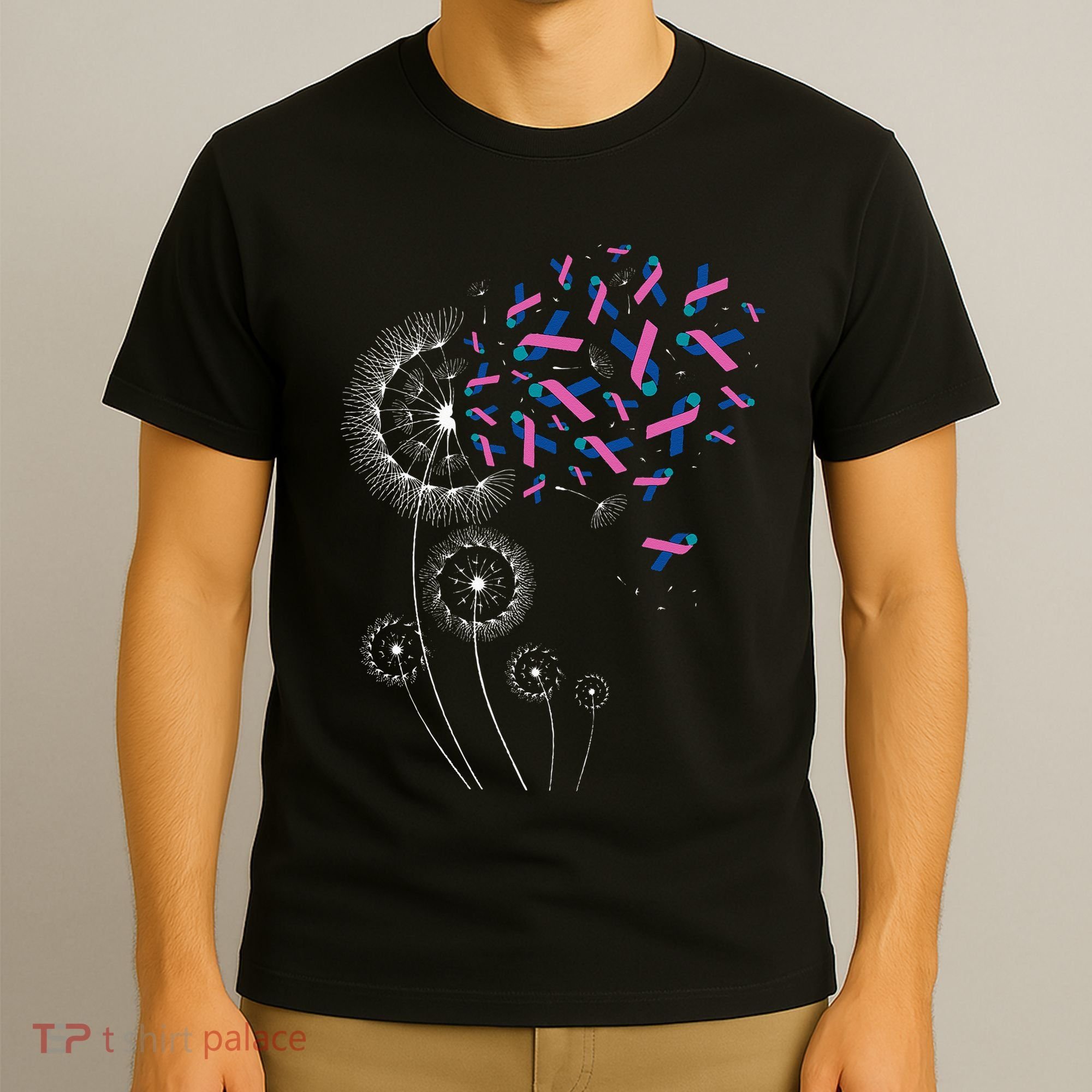 Teal Pink Blue Ribbon & Dandelion Thyroid Cancer Awareness T-Shirt