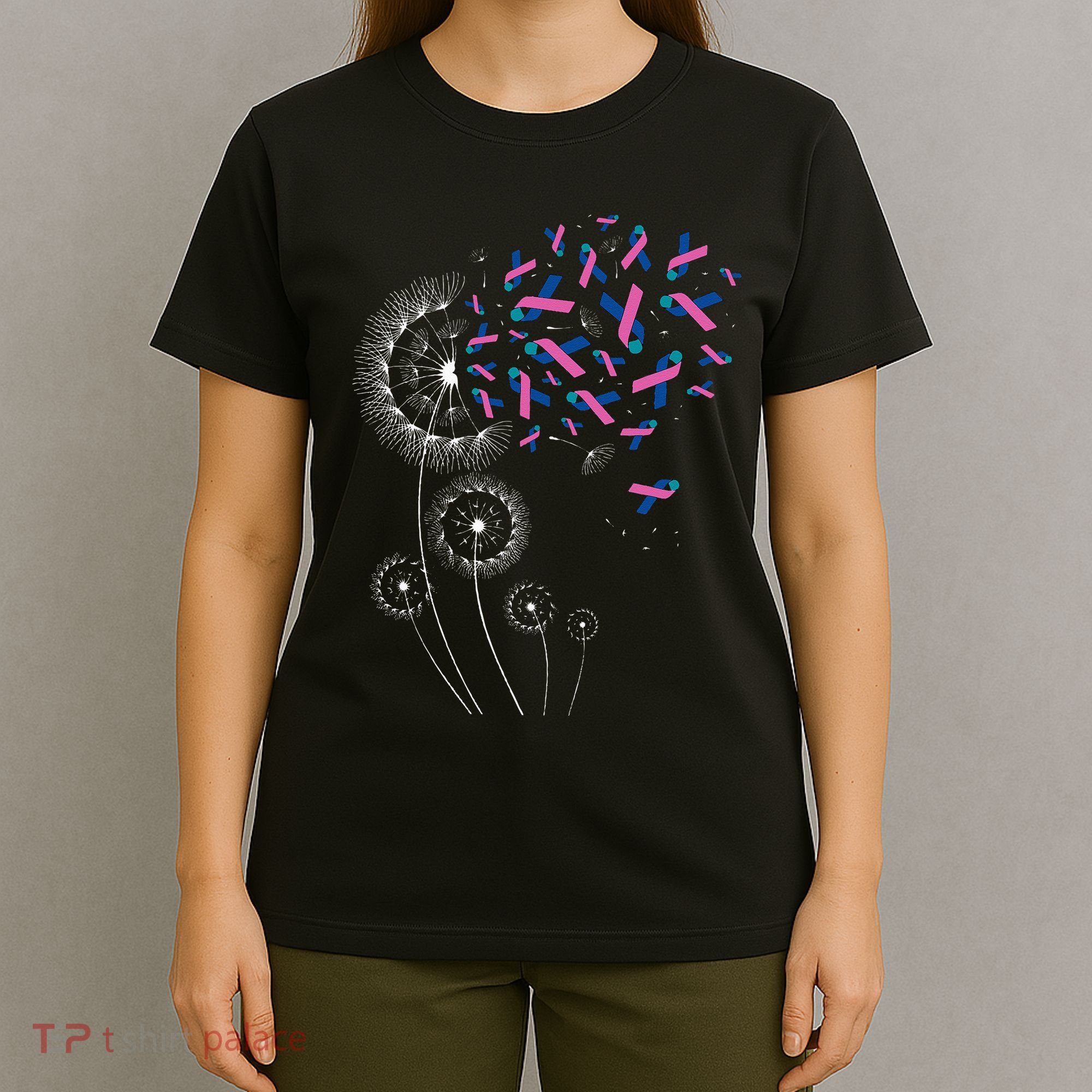 Teal Pink Blue Ribbon & Dandelion Thyroid Cancer Awareness T-Shirt