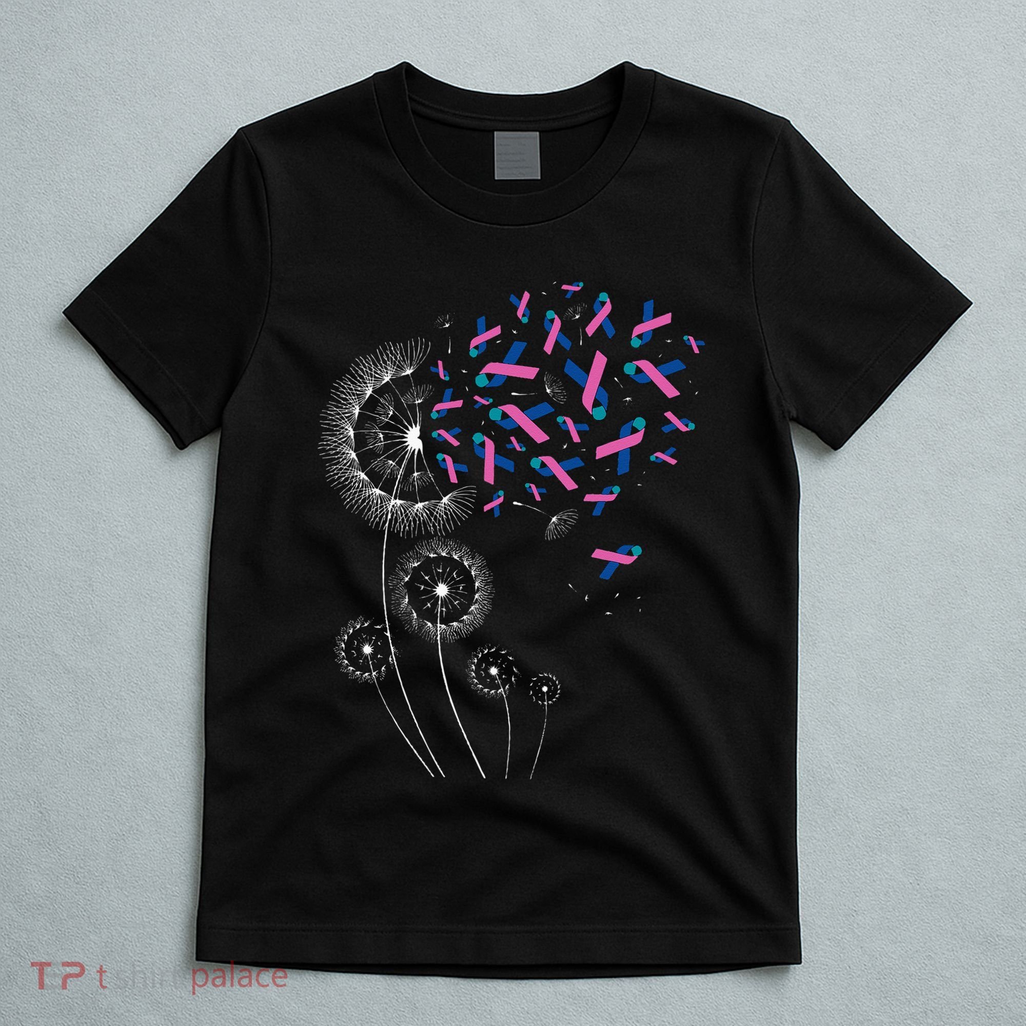 Teal Pink Blue Ribbon & Dandelion Thyroid Cancer Awareness T-Shirt