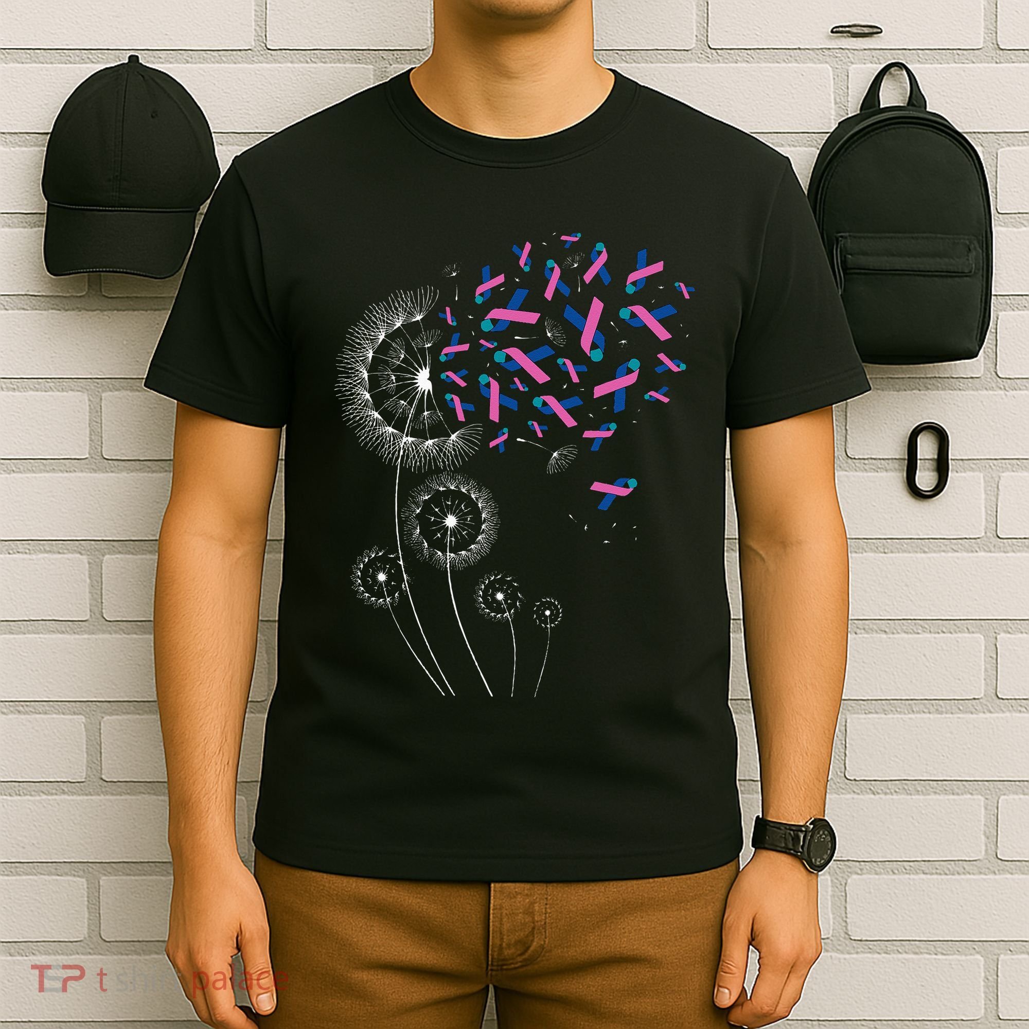 Teal Pink Blue Ribbon & Dandelion Thyroid Cancer Awareness T-Shirt