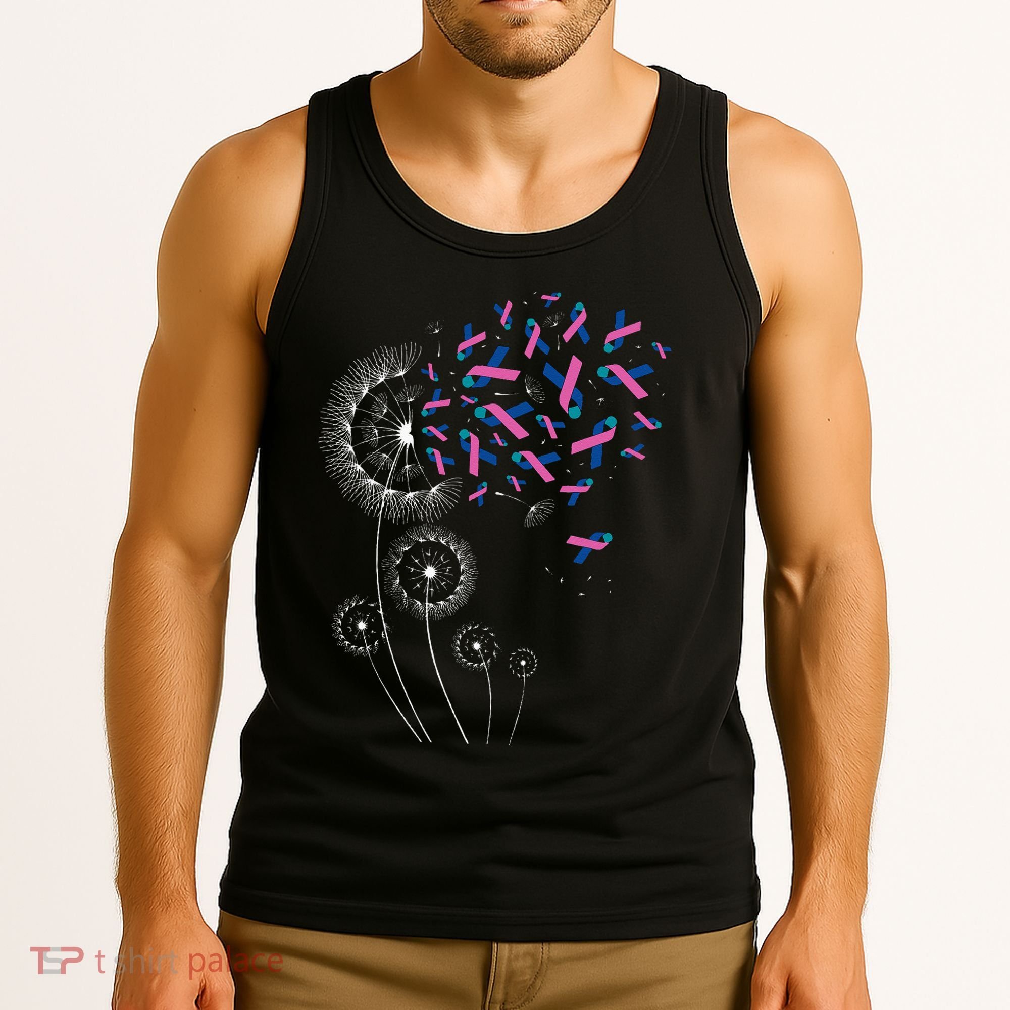 Teal Pink Blue Ribbon & Dandelion Thyroid Cancer Awareness Tank Top