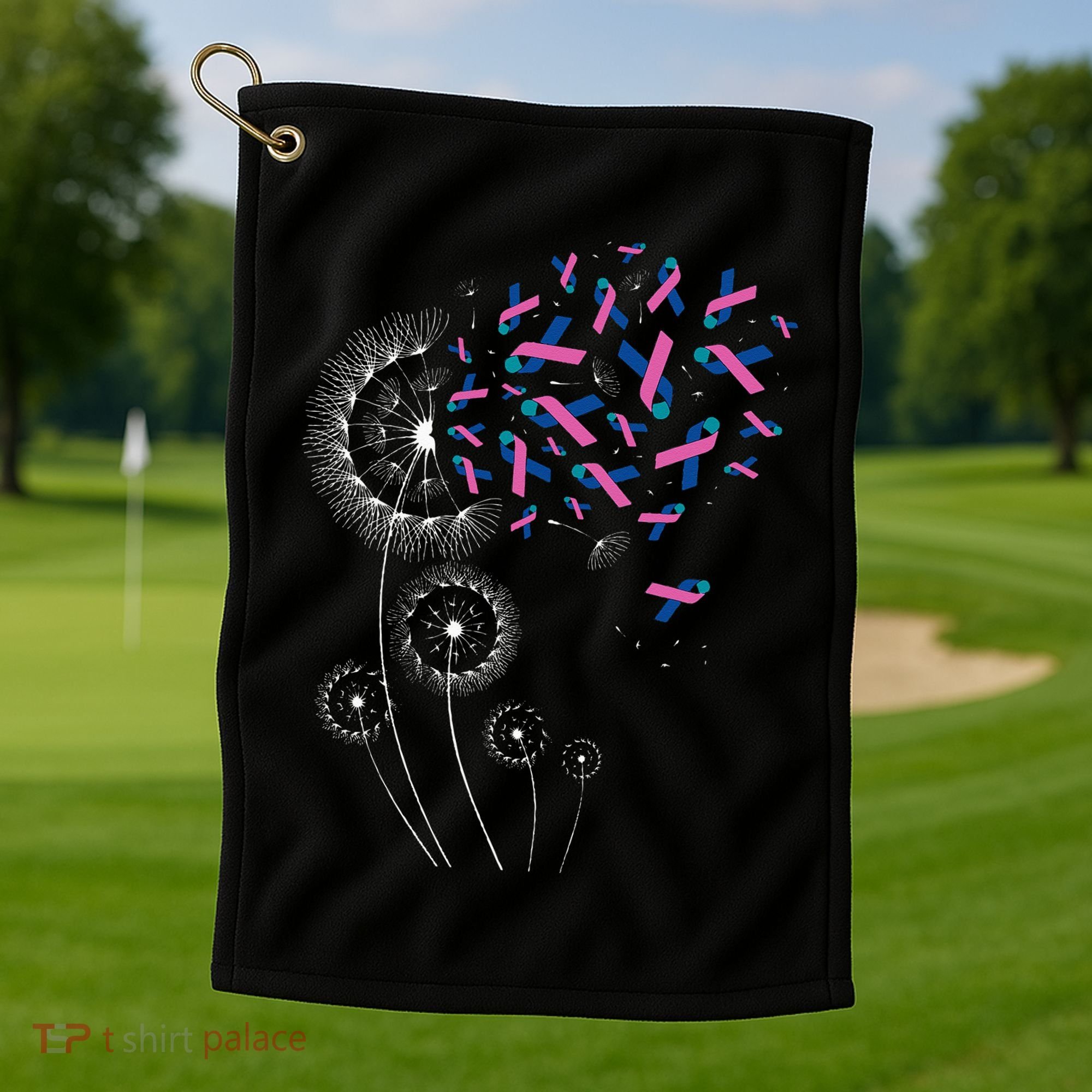 Teal Pink Blue Ribbon & Dandelion Thyroid Cancer Awareness Golf Towel