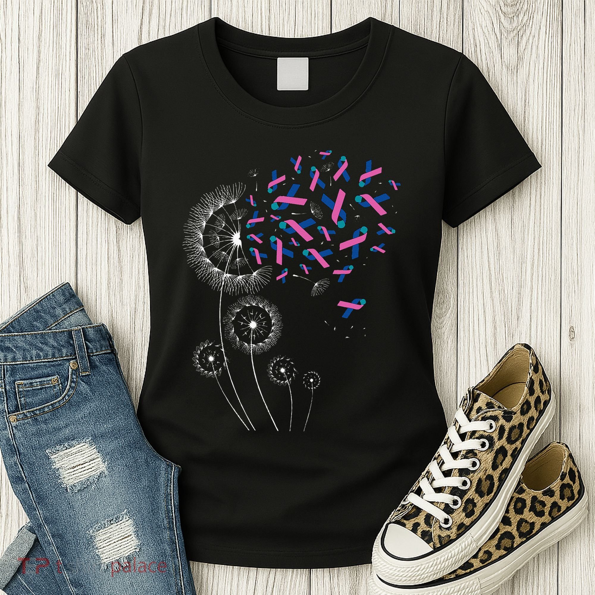 Teal Pink Blue Ribbon & Dandelion Thyroid Cancer Awareness Women's T-Shirt