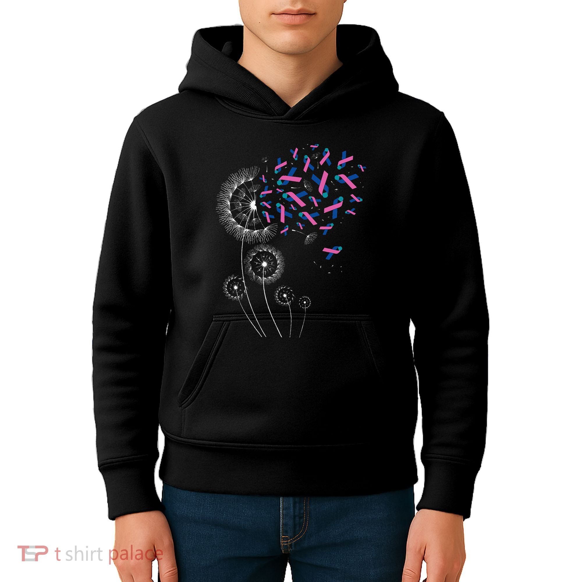 Teal Pink Blue Ribbon & Dandelion Thyroid Cancer Awareness Kids Hoodie