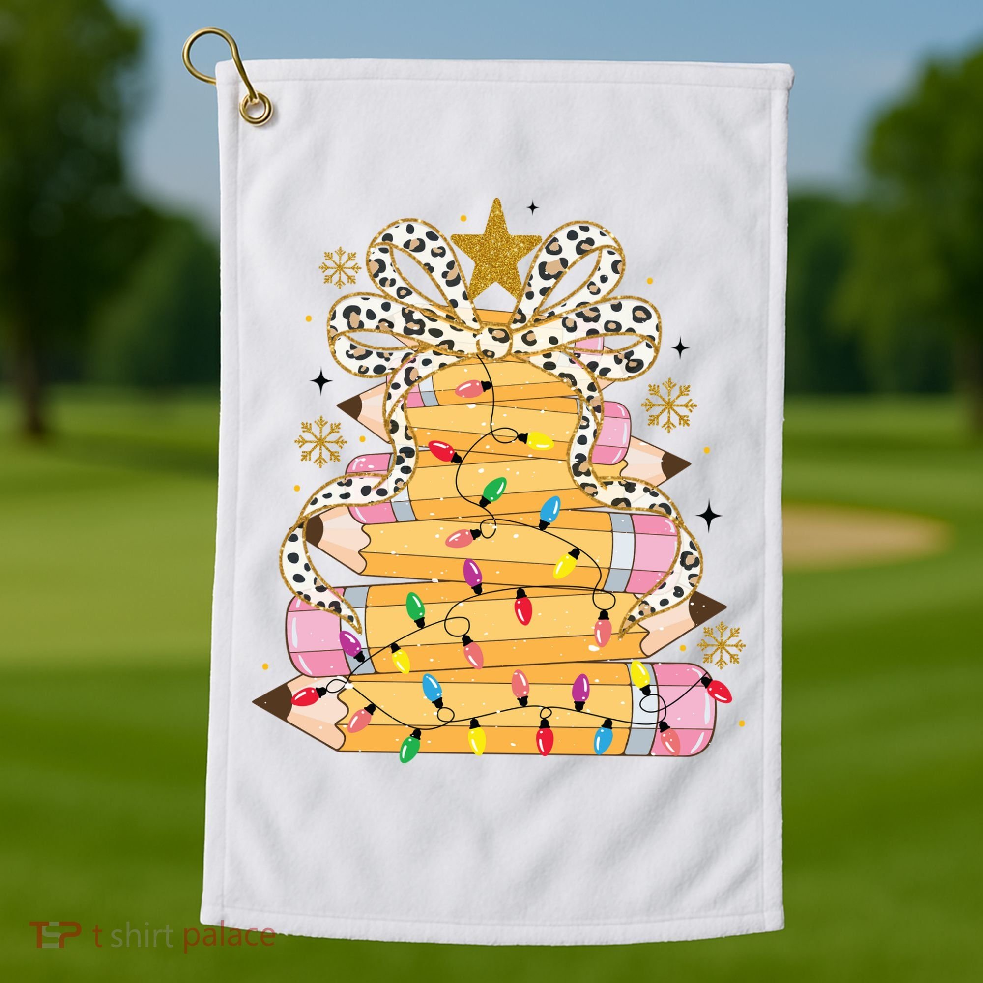 Teacher Pencil Christmas Tree Golf Towel