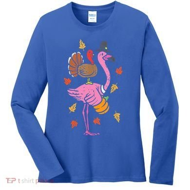 Turkey Pilgrim Flamingo Funny Thanksgiving Women's Long Sleeve Shirt