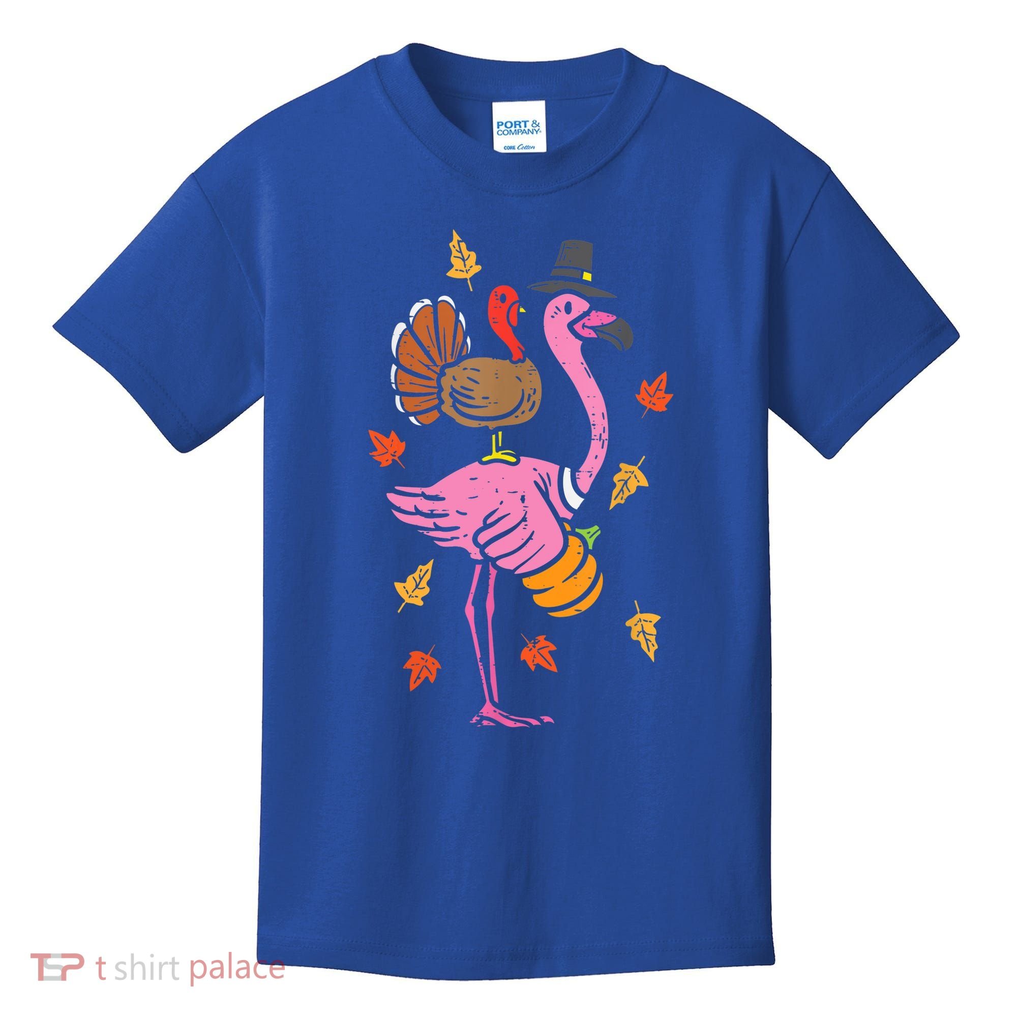 Turkey Pilgrim Flamingo Funny Thanksgiving Kids T-Shirt