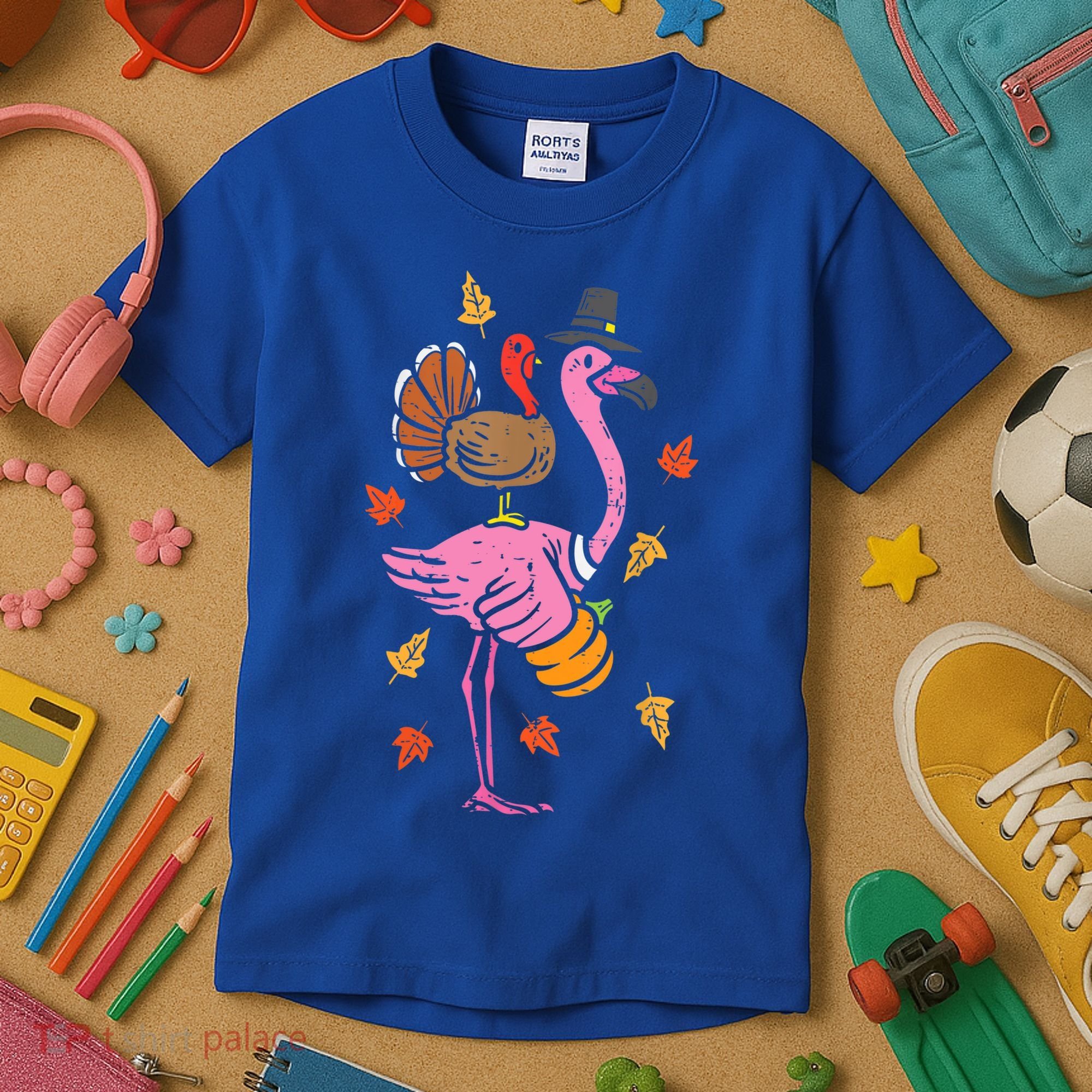 Turkey Pilgrim Flamingo Funny Thanksgiving Kids T-Shirt