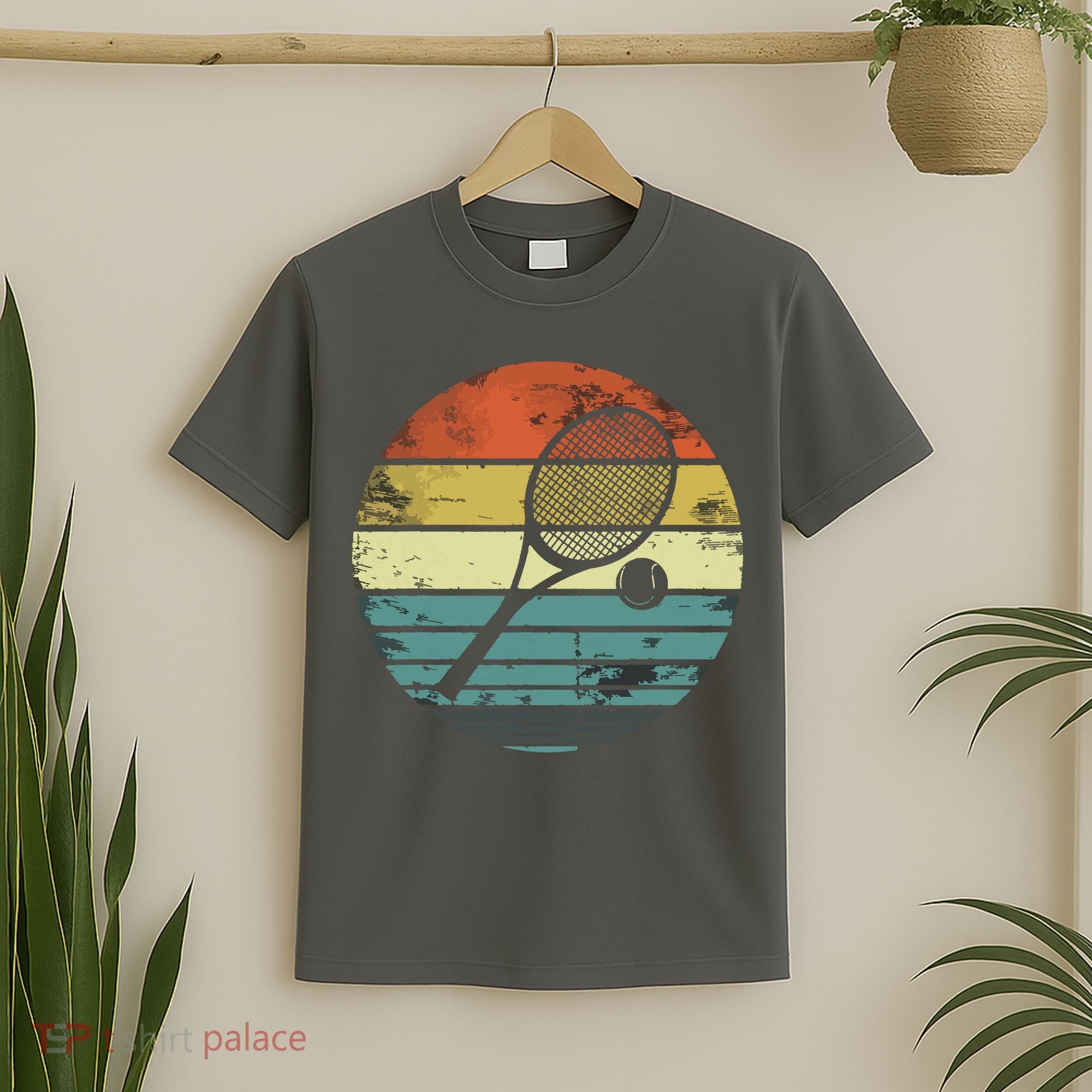 Tennis Player Gifts Retro Sunset Tennis Racquet Ball Coach T-Shirt