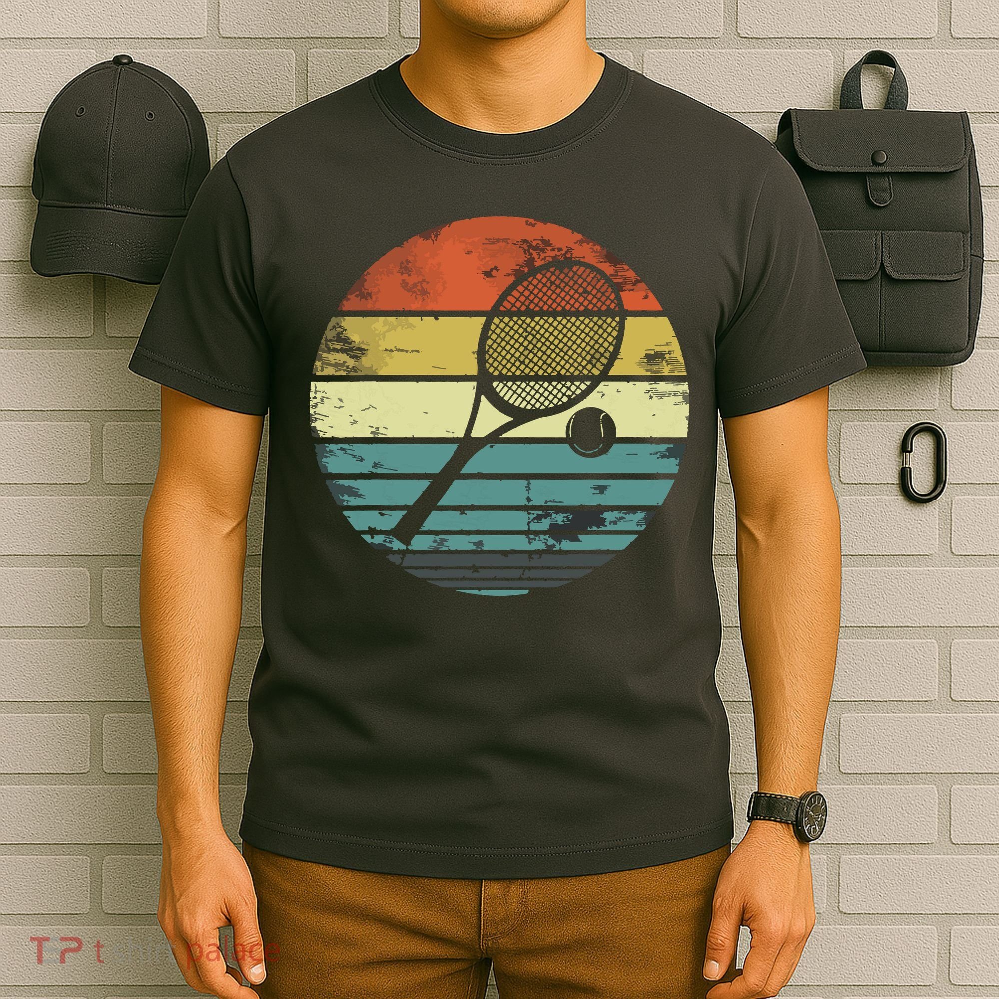 Tennis Player Gifts Retro Sunset Tennis Racquet Ball Coach T-Shirt
