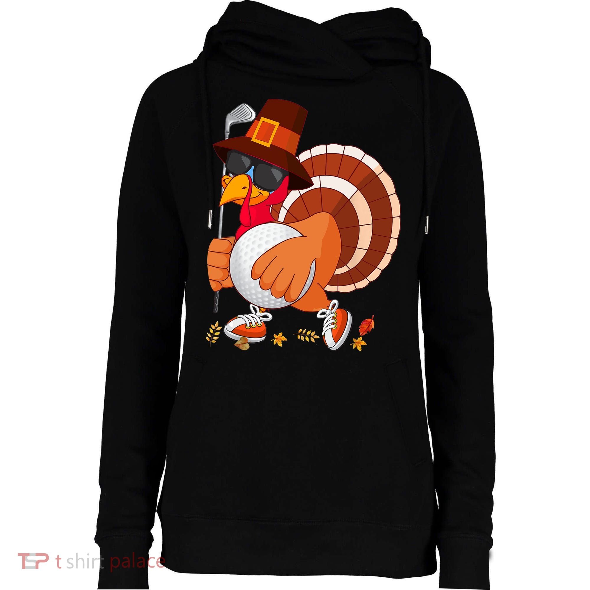 Turkey Playing Golf Thanksgiving Turkey Golf Womens Funnel Neck Pullover Hood