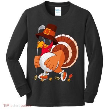 Turkey Playing Golf Thanksgiving Turkey Golf Kids Long Sleeve Shirt