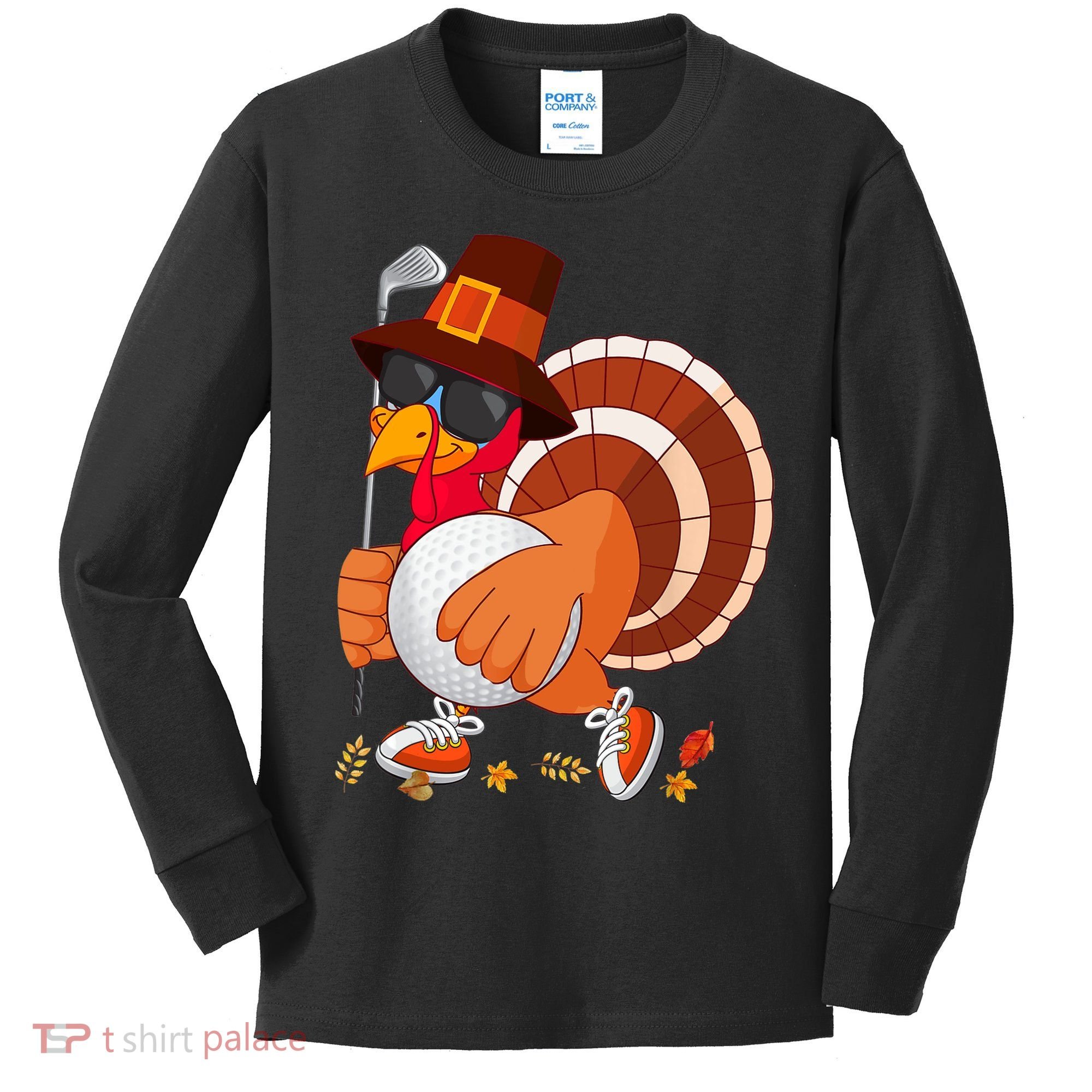 Turkey Playing Golf Thanksgiving Turkey Golf Kids Long Sleeve Shirt