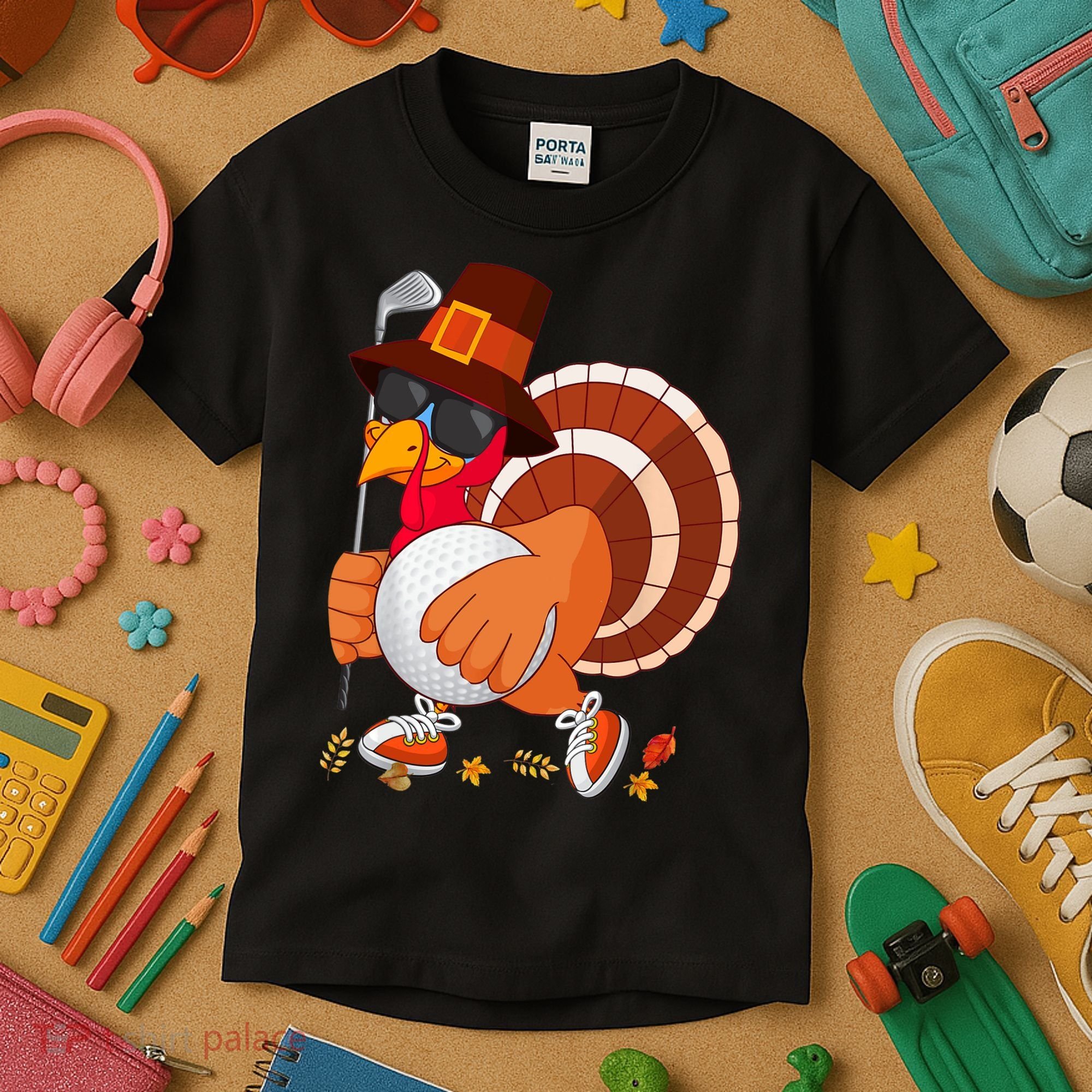 Turkey Playing Golf Thanksgiving Turkey Golf Kids T-Shirt