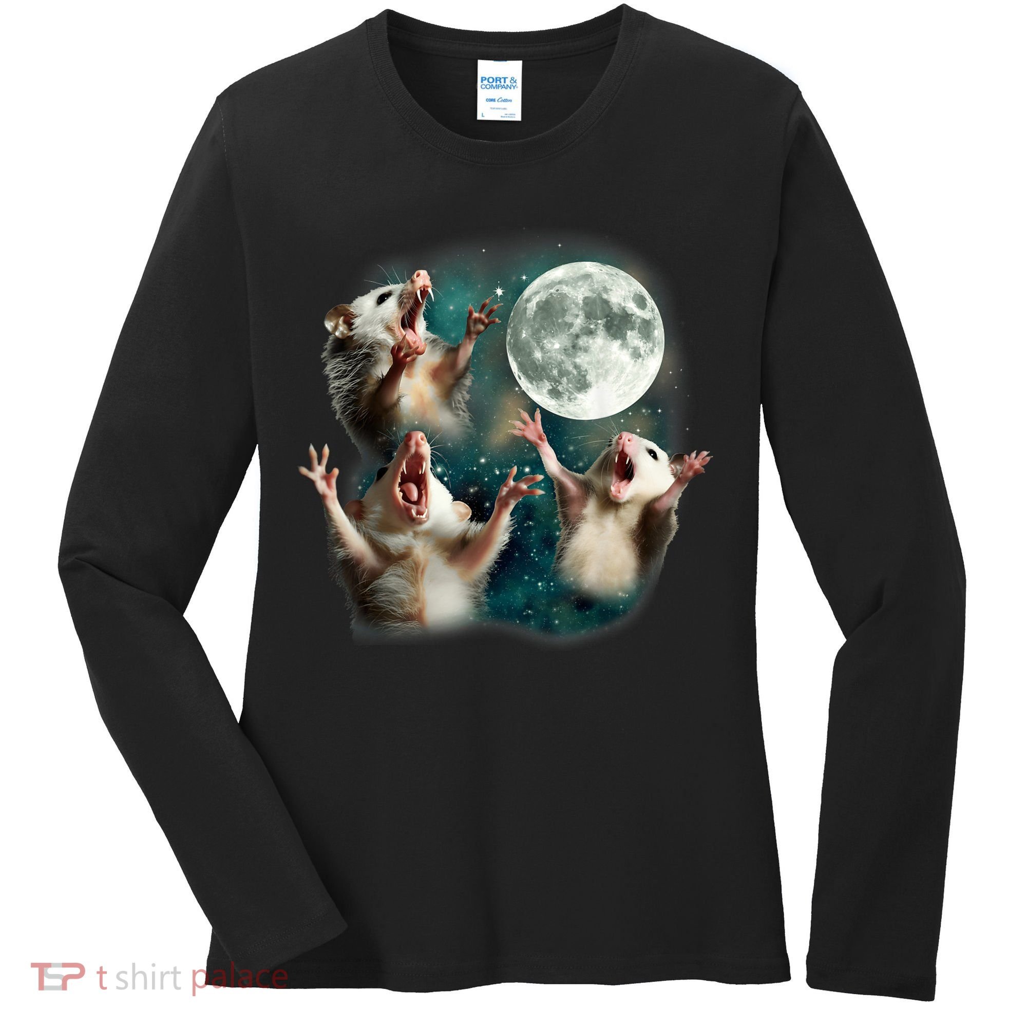Three Possum Moon | 3 Opossum Funny Weird Cursed Meme Women's Long Sleeve Shirt