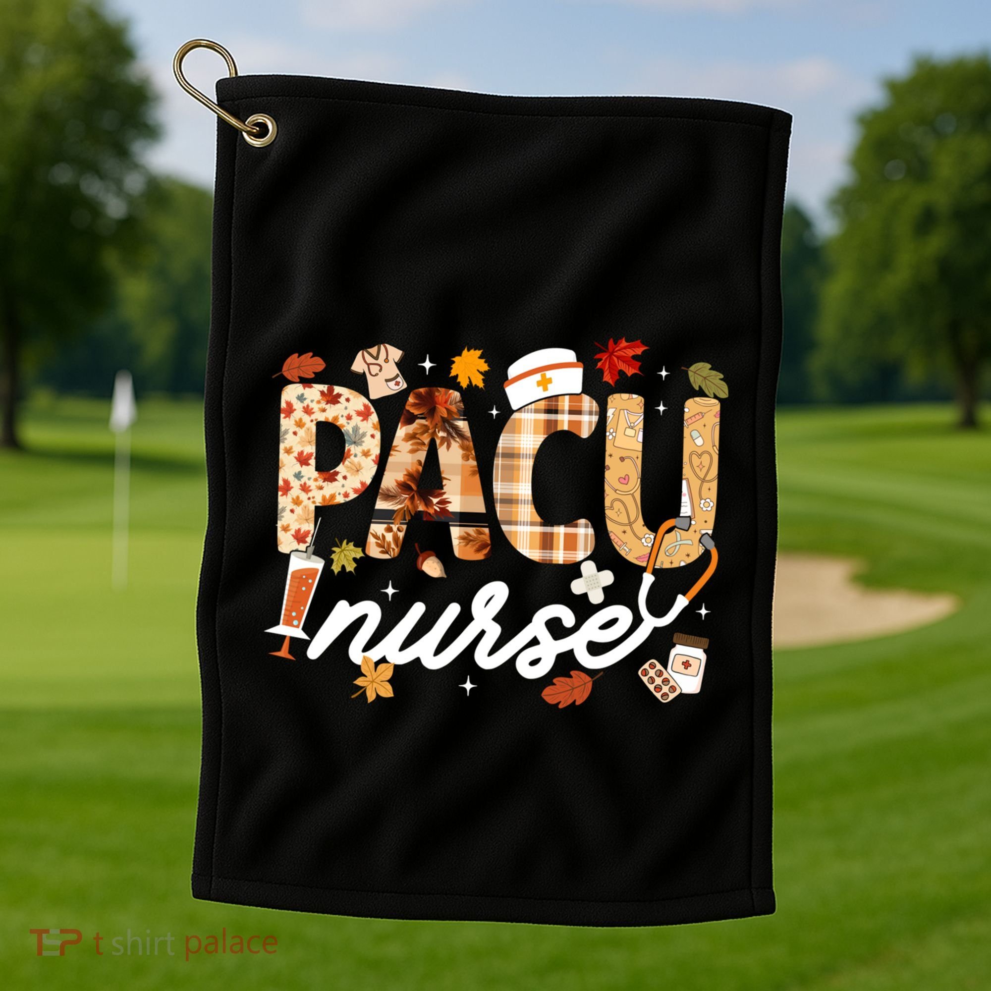 Thanksgiving Pacu Nurse Fall Autumn Leaves Stethoscope Gift Golf Towel