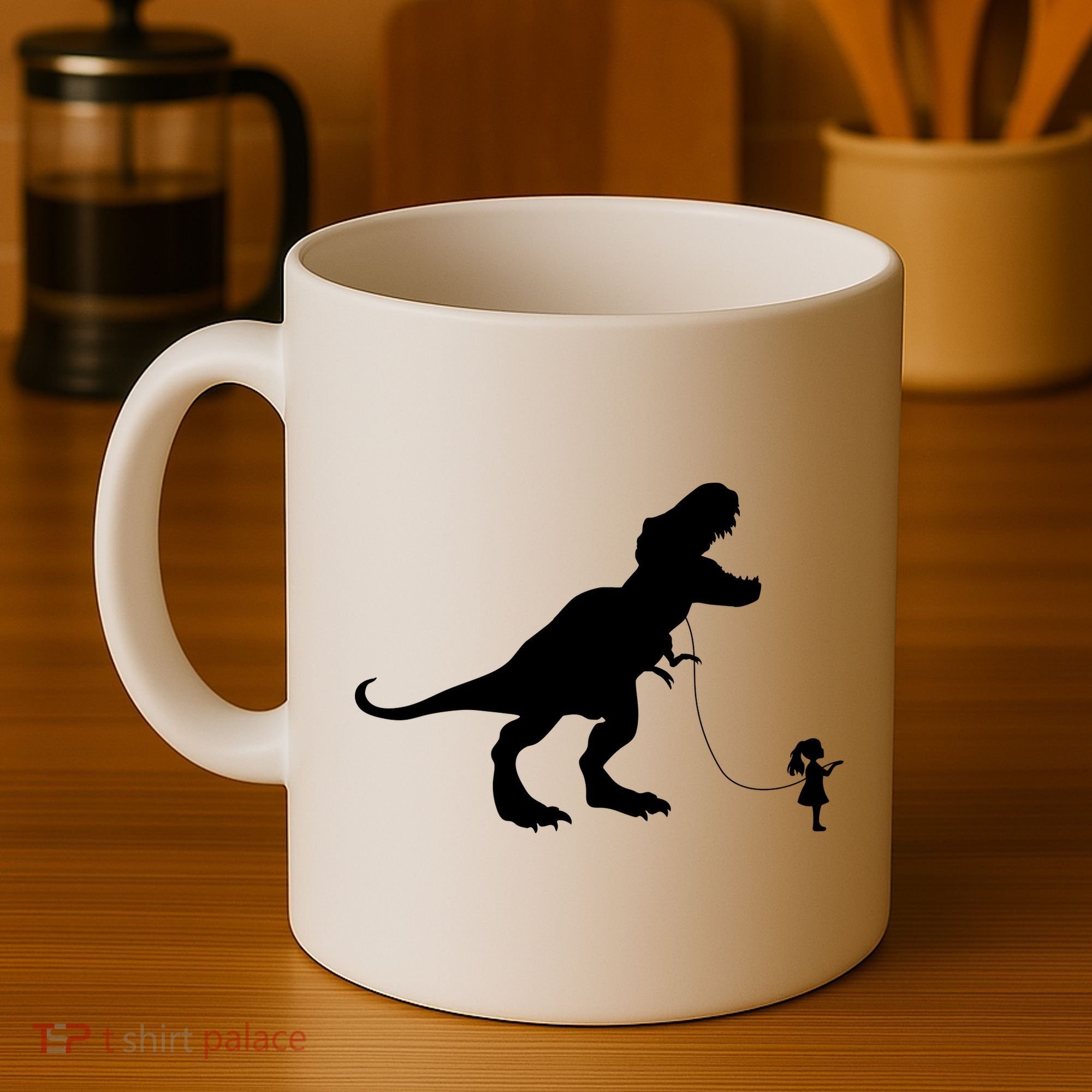 TREX PET ON A LEASH GIRL Coffee Mug