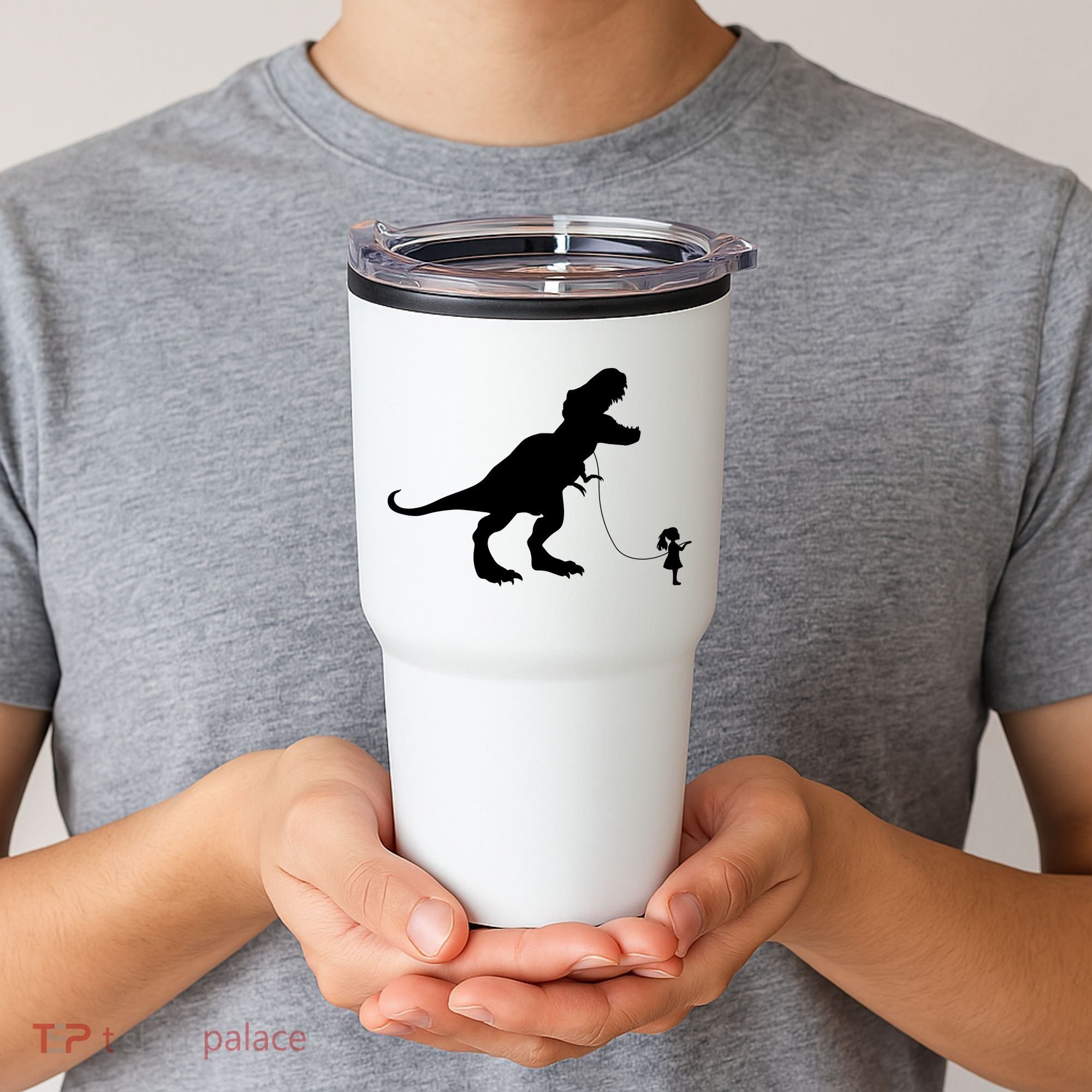 TREX PET ON A LEASH GIRL Tumbler