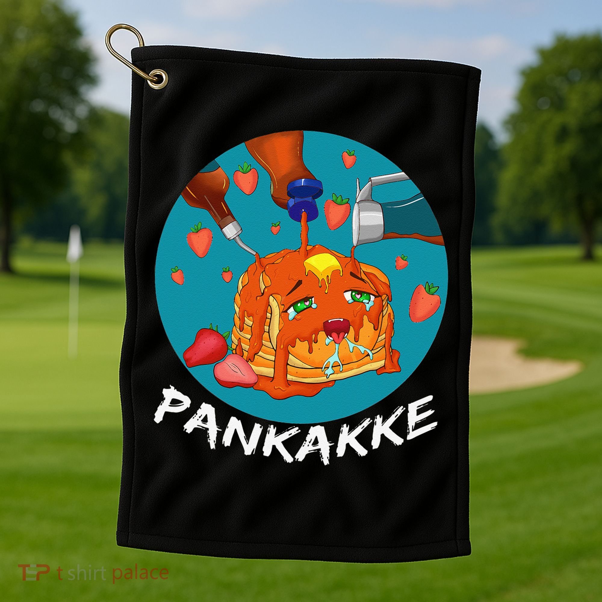 This Pancake REALLY Loves Syrup! Funny Anime Food Pun Golf Towel