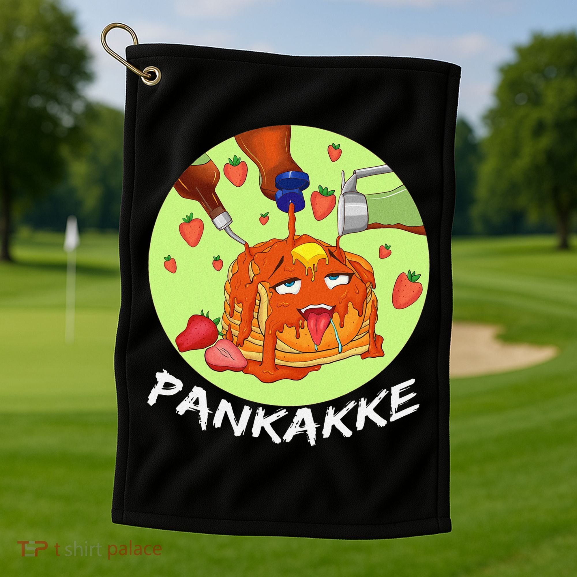 This pancake REALLY loves syrup! Funny anime food pun Golf Towel