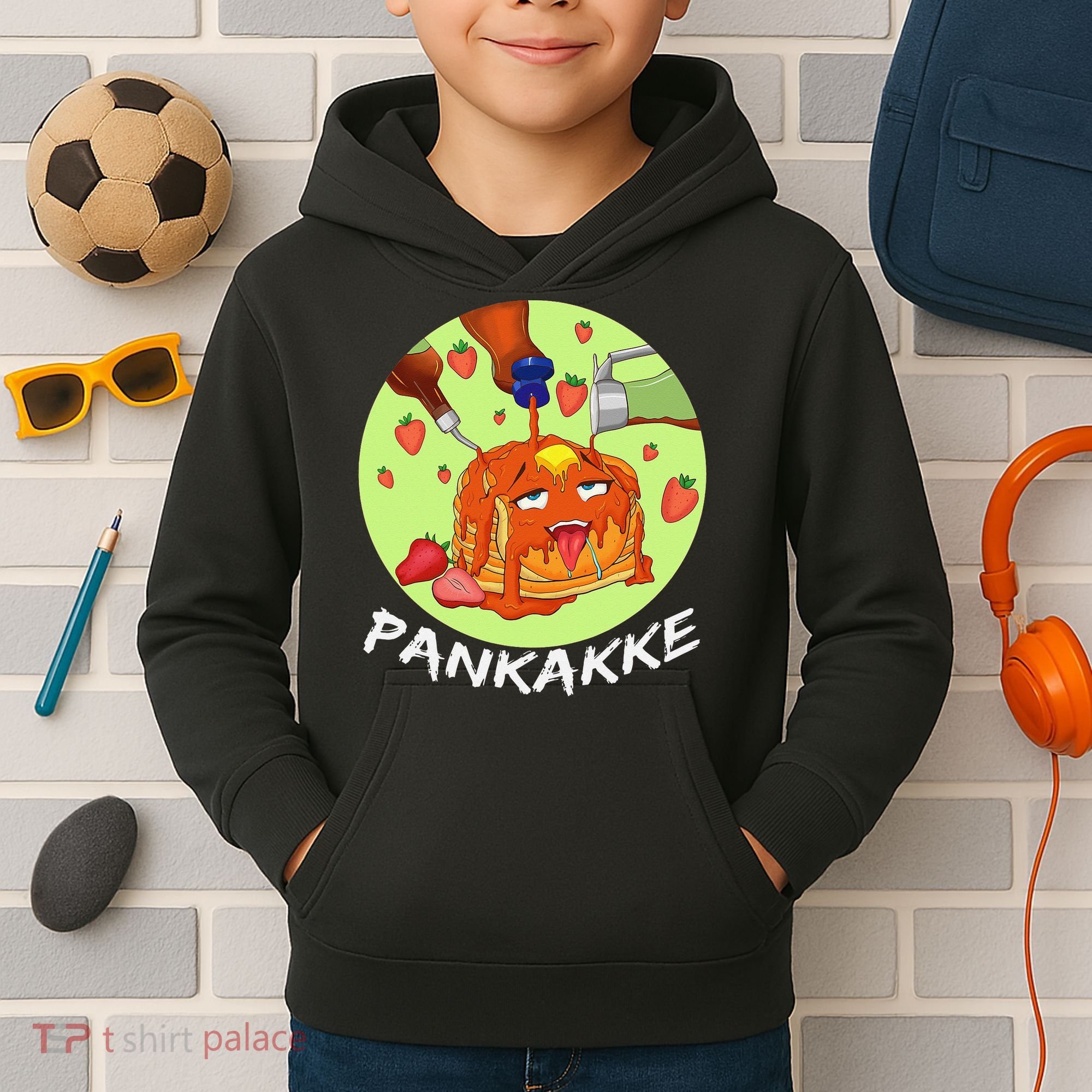 This pancake REALLY loves syrup! Funny anime food pun Kids Hoodie