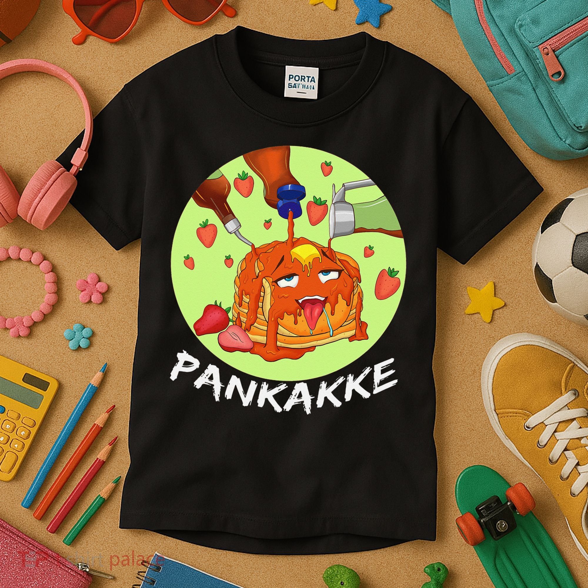 This pancake REALLY loves syrup! Funny anime food pun Kids T-Shirt