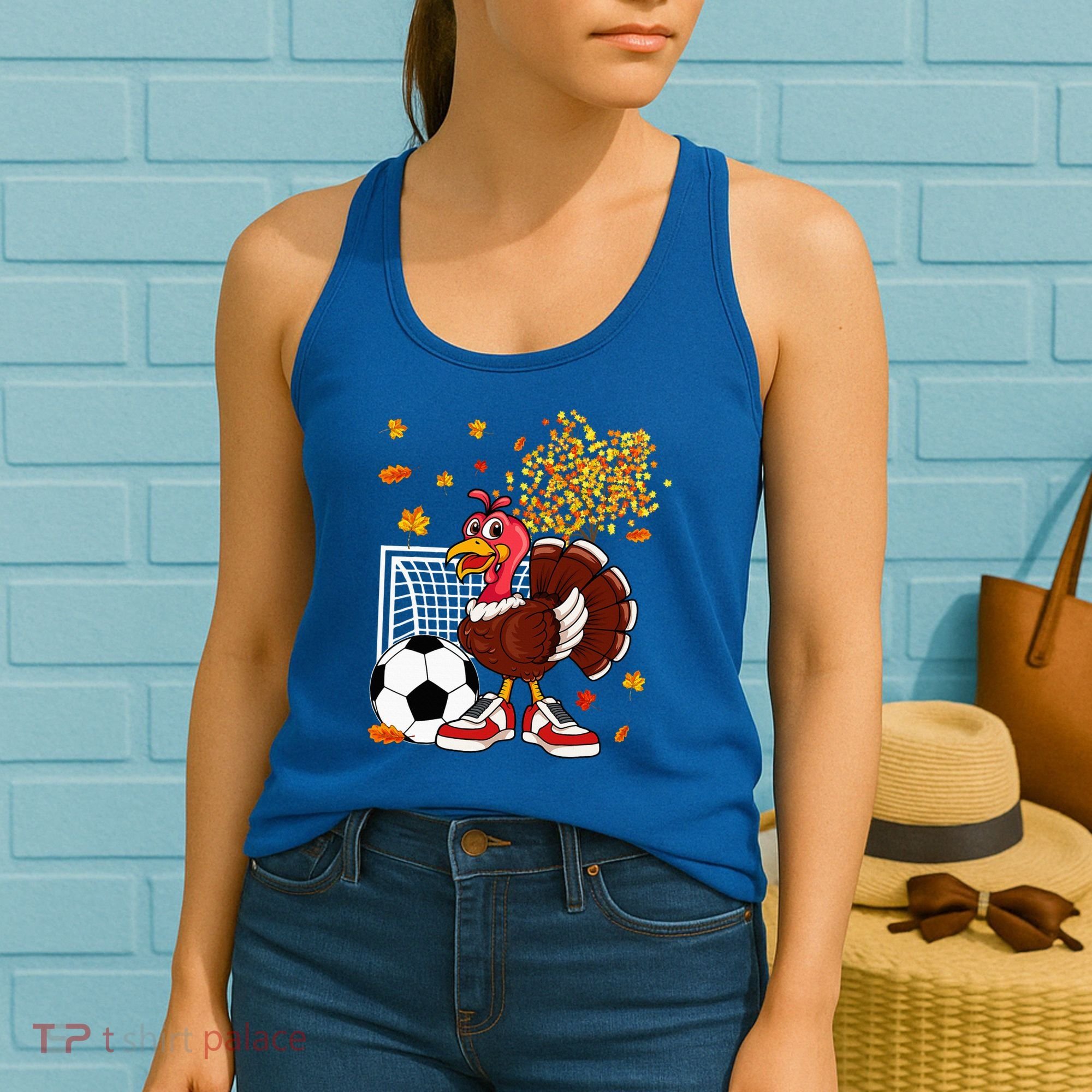 Turkey Playing Soccer Thanksgiving Player Coach Fall Lover Women's Tank Top