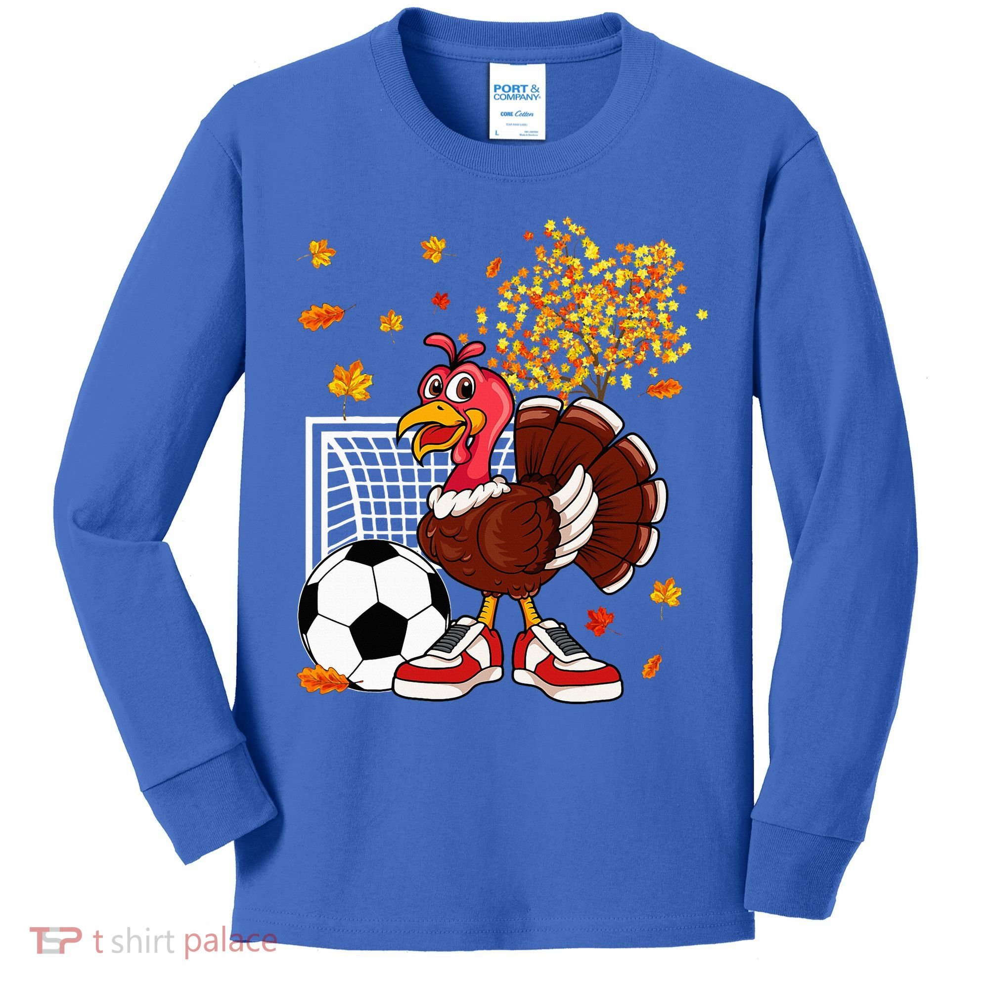 Turkey Playing Soccer Thanksgiving Player Coach Fall Lover Kids Long Sleeve Shirt