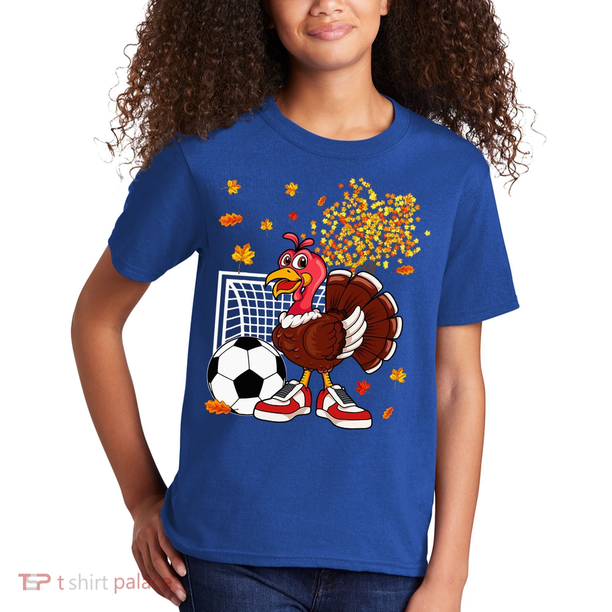Turkey Playing Soccer Thanksgiving Player Coach Fall Lover Kids T-Shirt