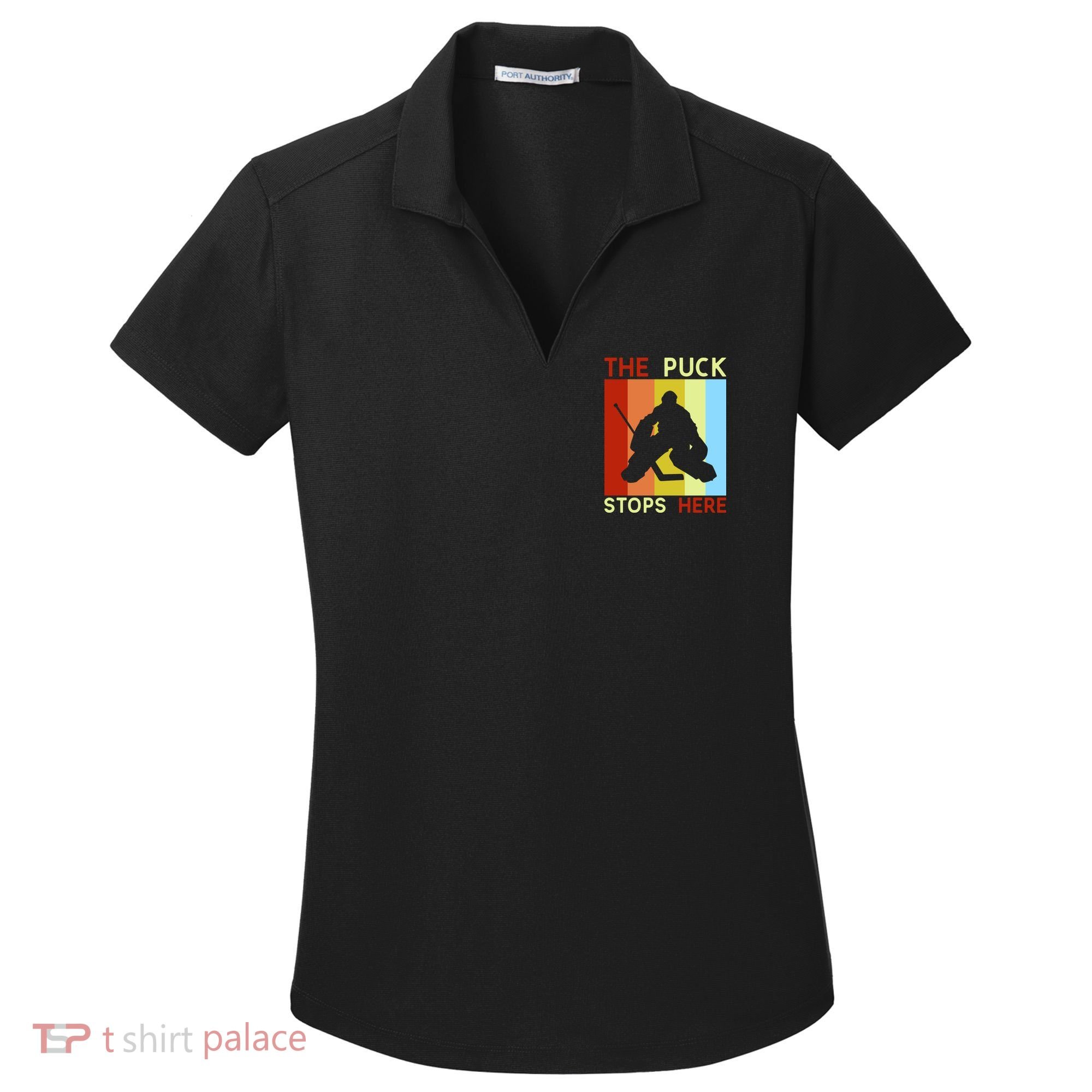 The Puck Stops Here Funny Hockey Goalie Women's Dry Zone Grid Polo