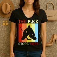The Puck Stops Here Funny Hockey Goalie Women's V-Neck T-Shirt thumb 3