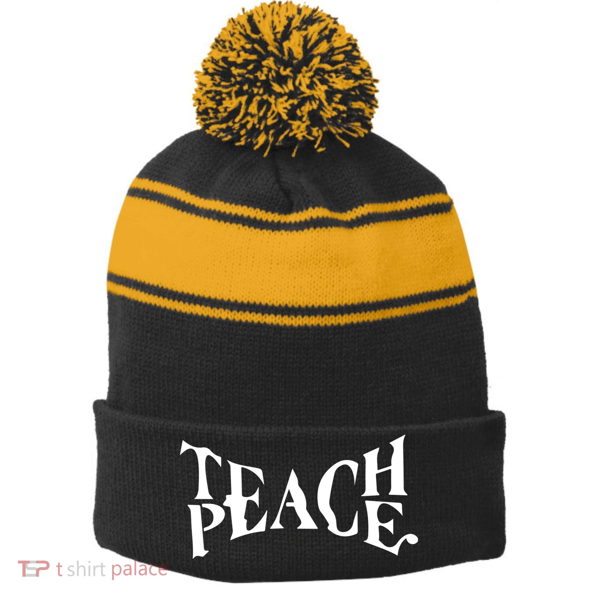 Teach Peace Stripe Pom Pom Beanie
