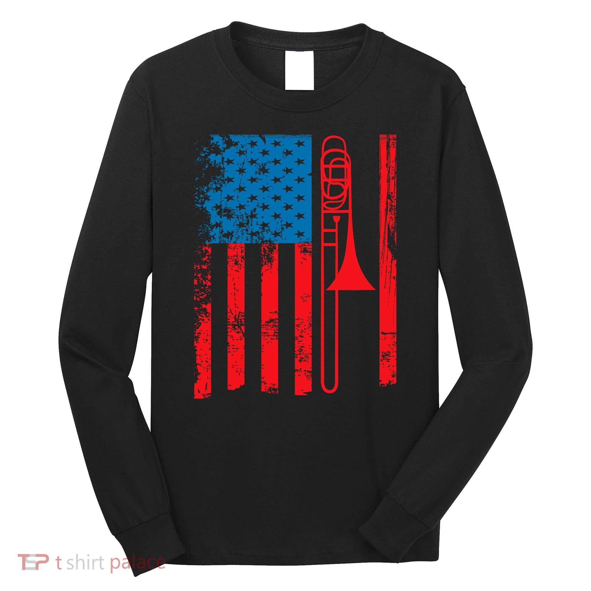 Trombone Player Usa Flag Gift Accessories For Long Sleeve Shirt
