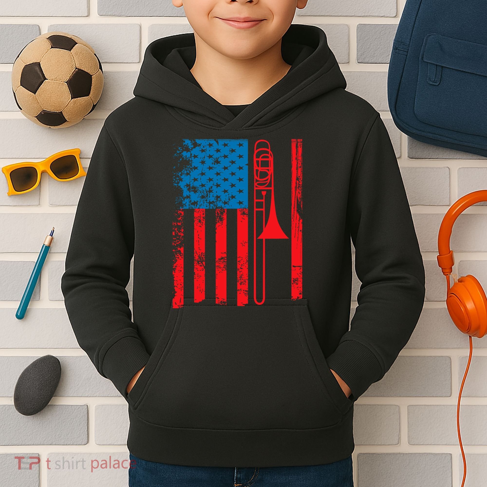 Trombone Player Usa Flag Gift Accessories For Kids Hoodie