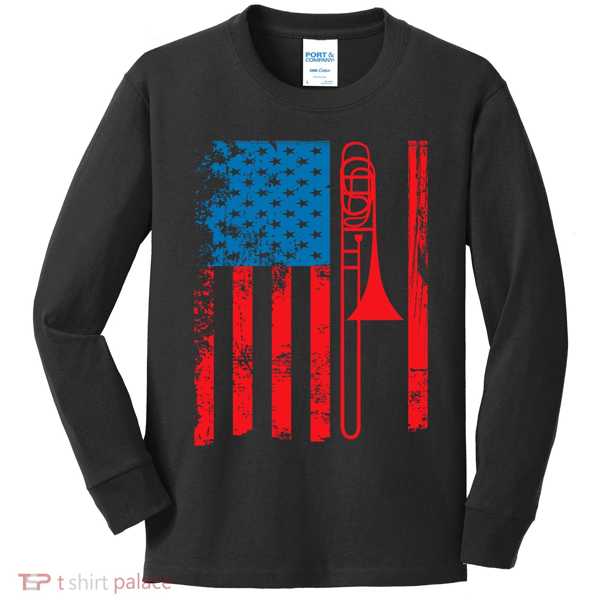 Trombone Player Usa Flag Gift Accessories For Kids Long Sleeve Shirt