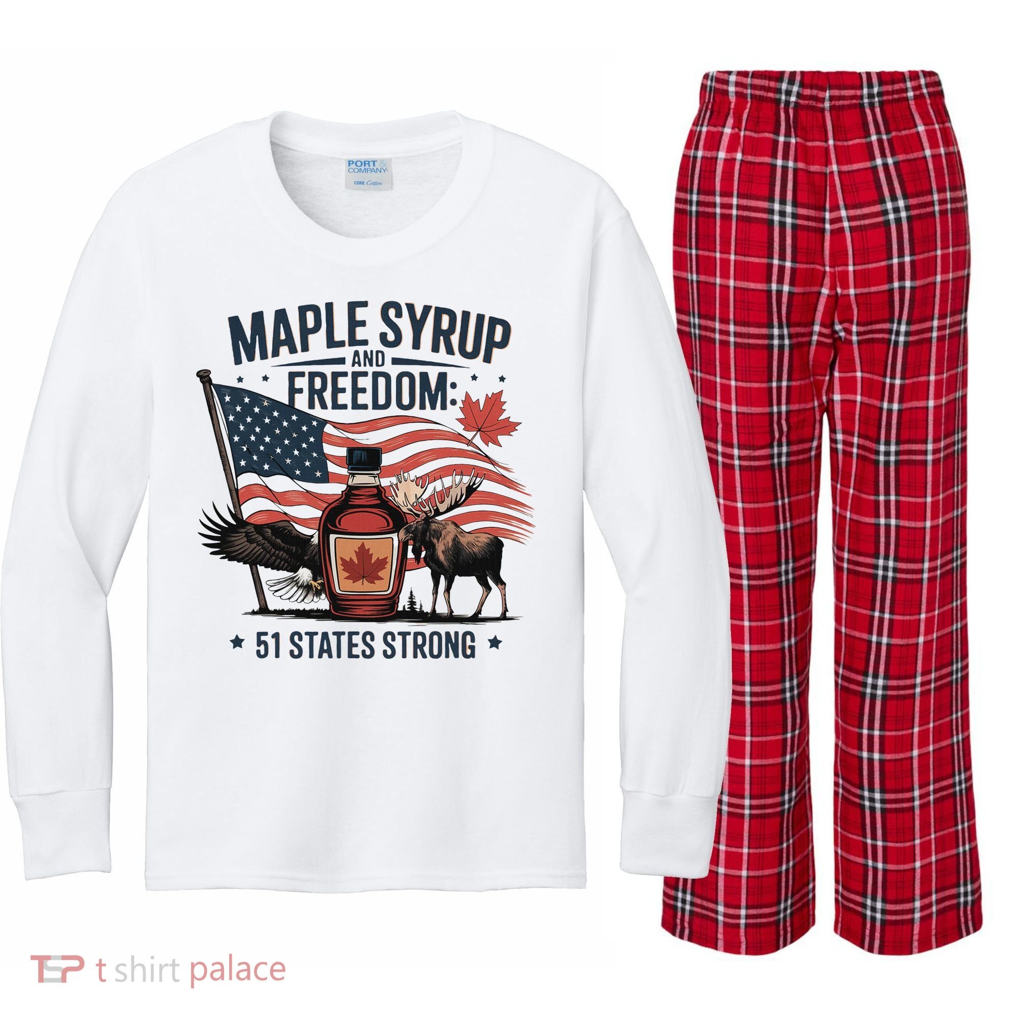 Trump Q Canada 51st State Of Usa Kids Long Sleeve Plaid Pajama Set