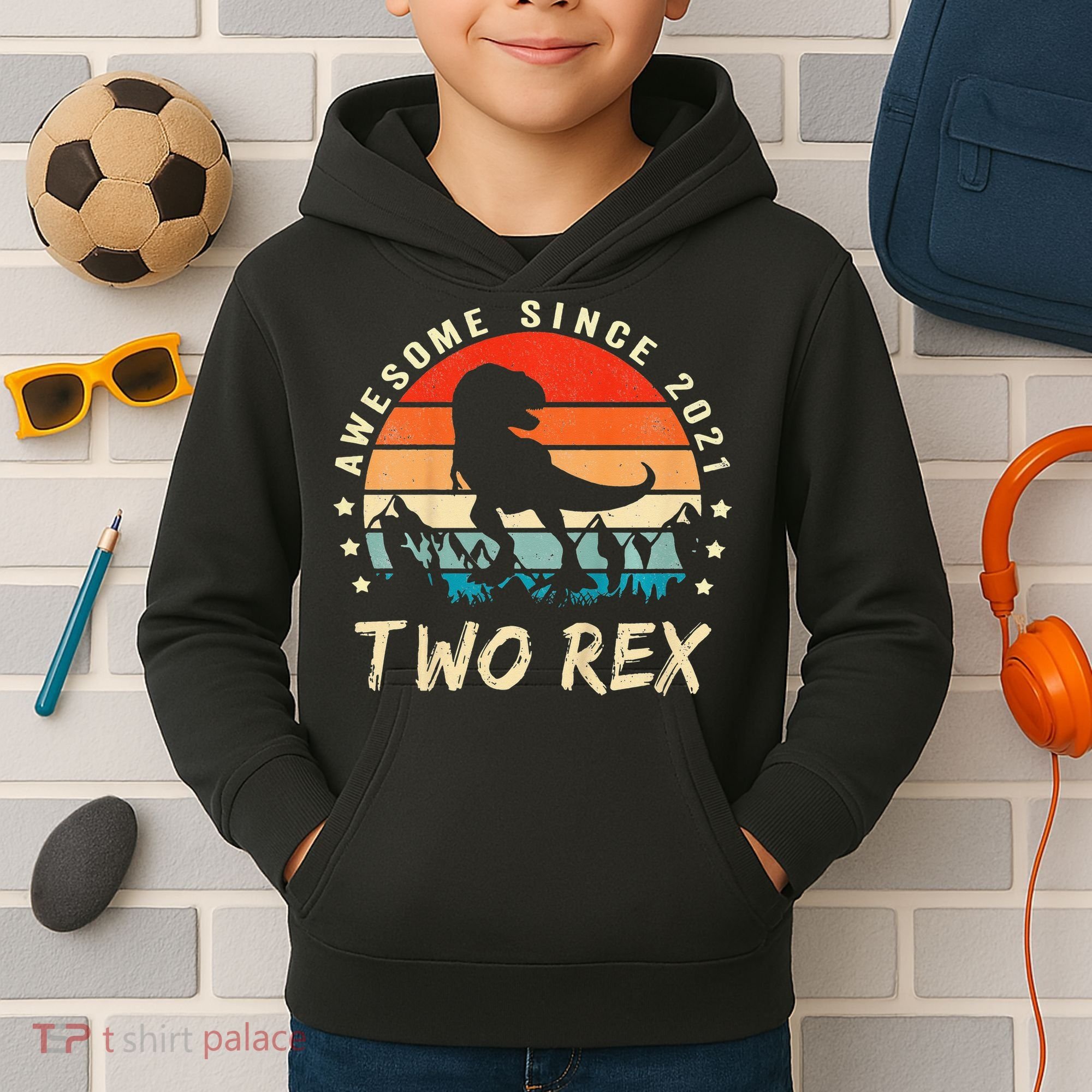 Two Rex 2nd Birthday Gift Second Dinosaur 2 Year Old Kids Hoodie