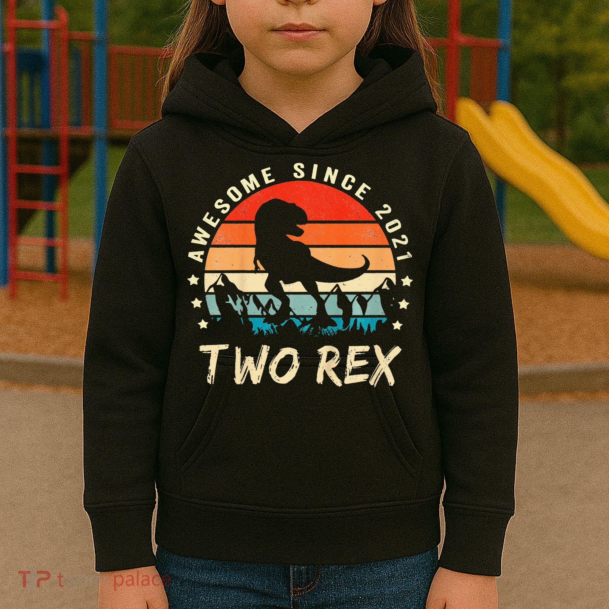 Two Rex 2nd Birthday Gift Second Dinosaur 2 Year Old Kids Hoodie