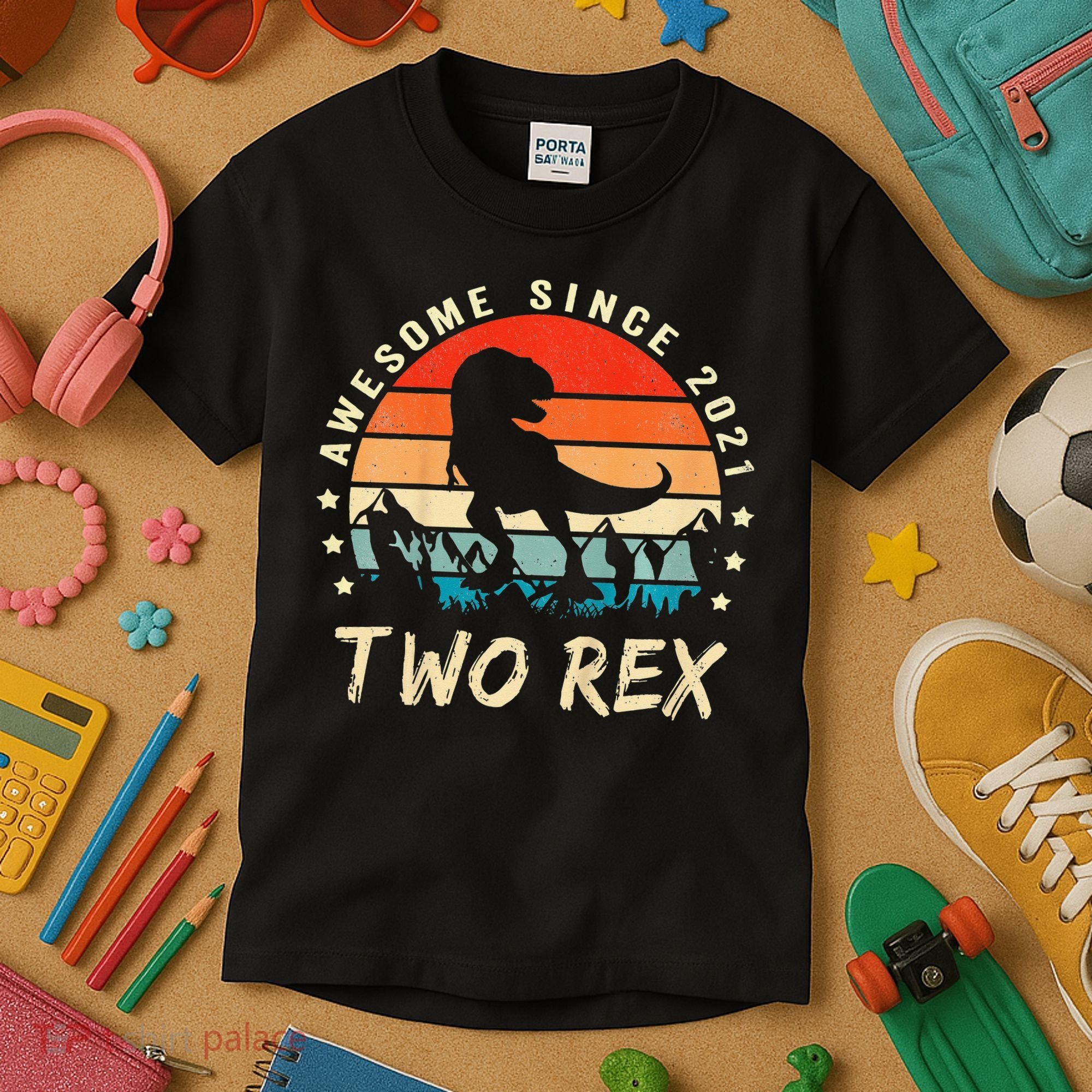 Two Rex 2nd Birthday Gift Second Dinosaur 2 Year Old Kids T-Shirt