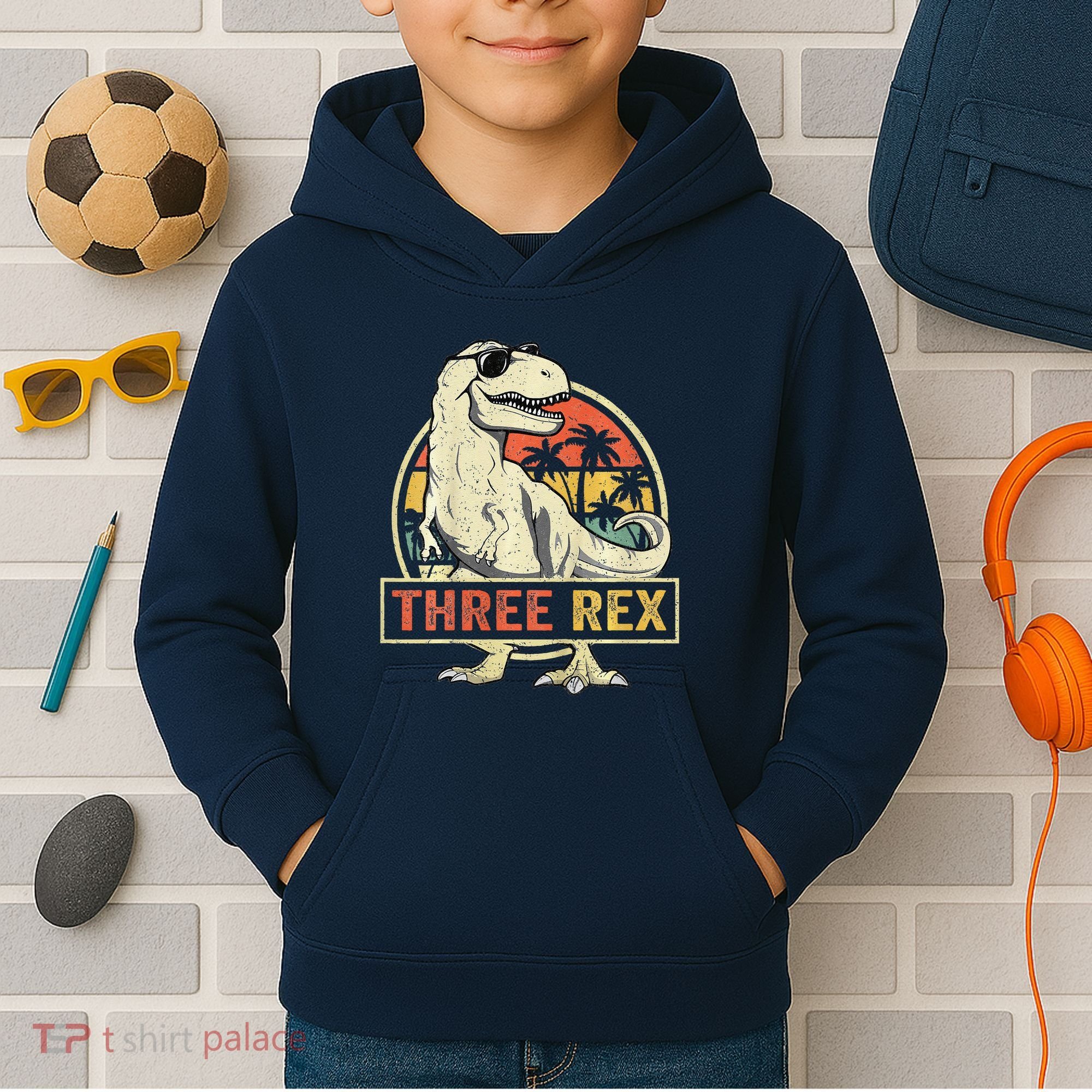 Three Rex 3rd Birthday Third Dinosaur 3 Year Old Kids Hoodie